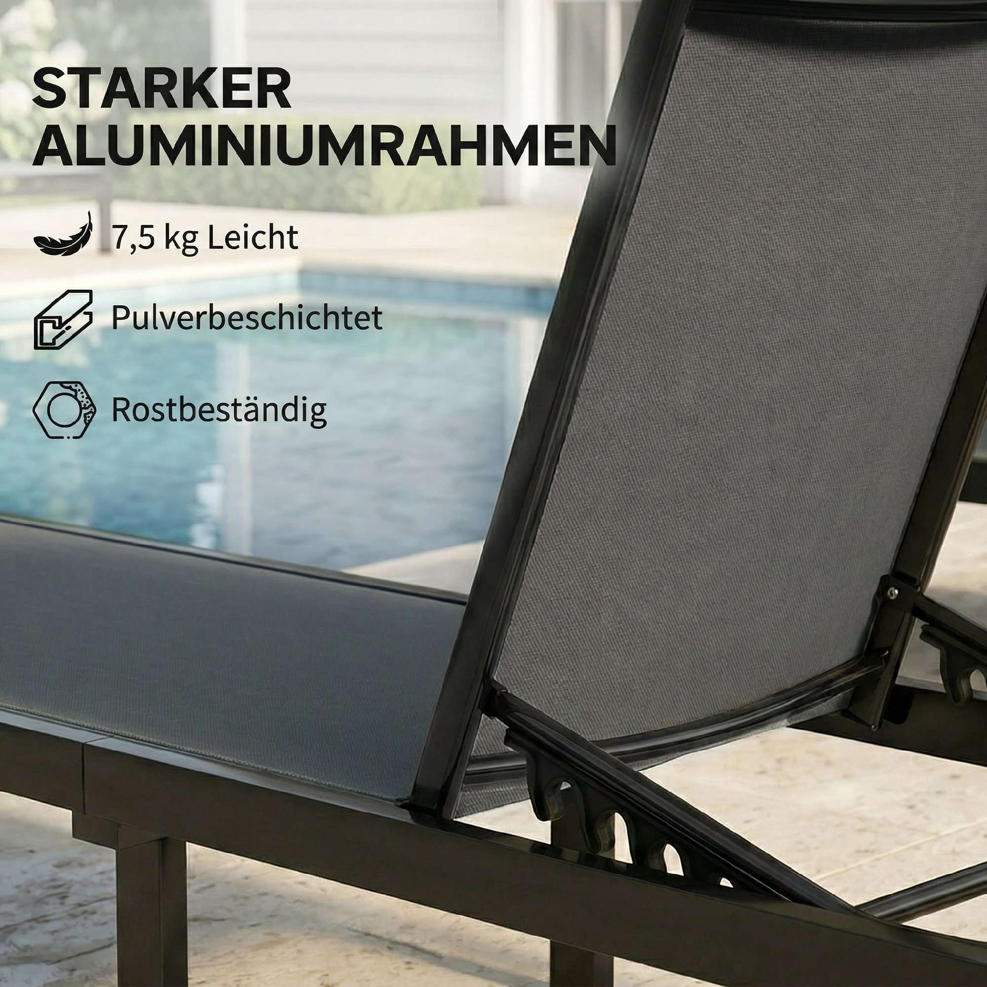 Justerbar solsäng i aluminium med hjul, ventilerande tyg