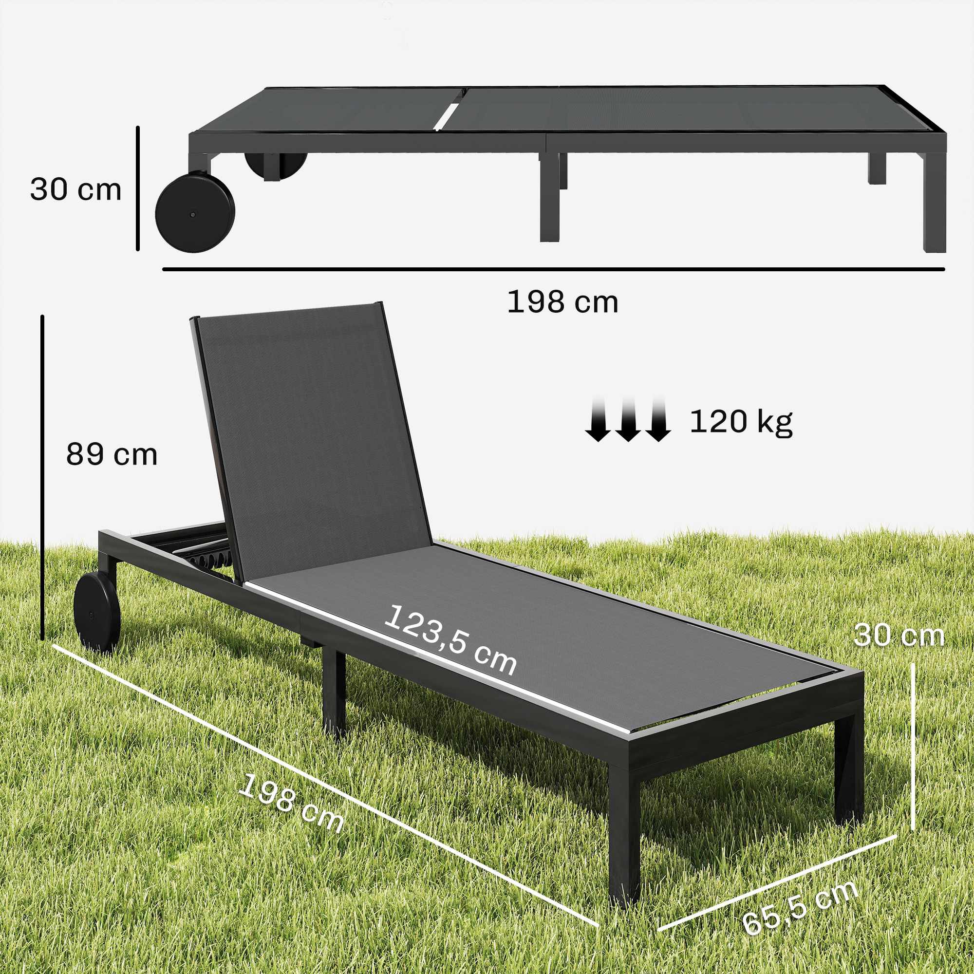 Justerbar solsäng i aluminium med hjul, ventilerande tyg