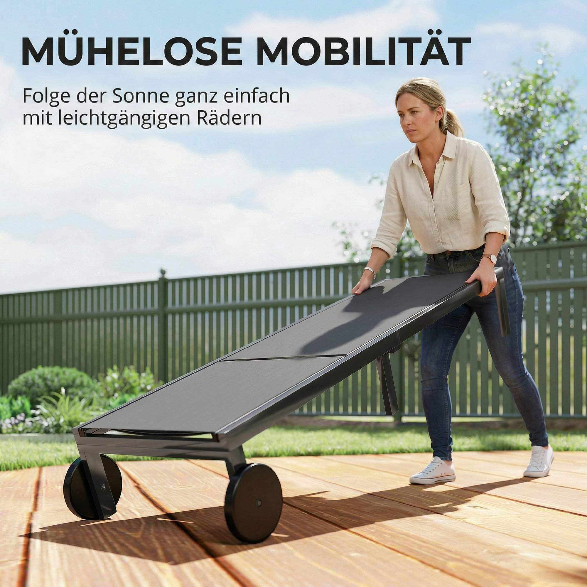 Justerbar solsäng i aluminium med hjul, ventilerande tyg