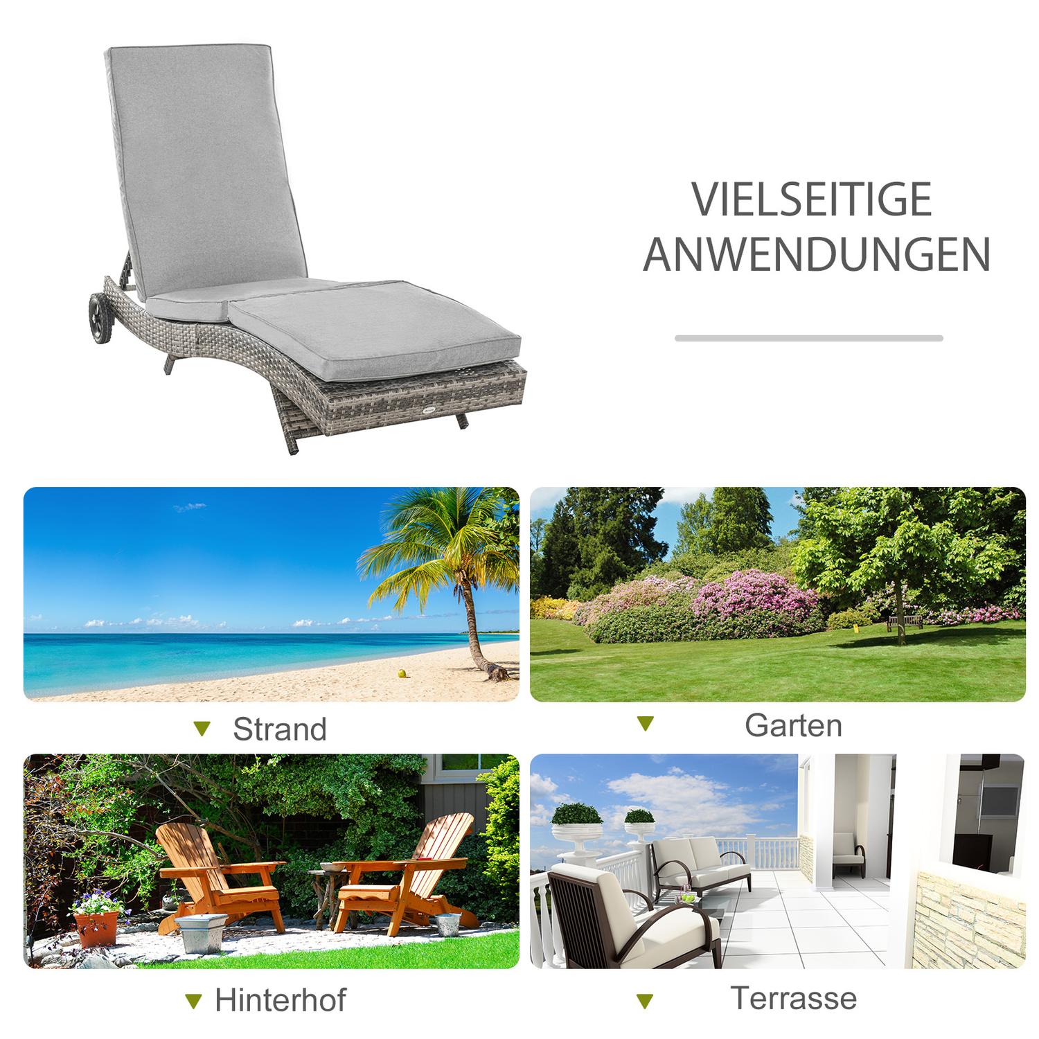Justerbar solstol i polyrattan med dyna, grå