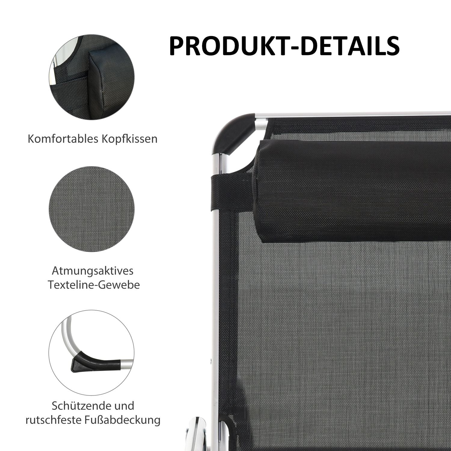 Justerbar solstol i svart mesh, ergonomisk och hopfällbar