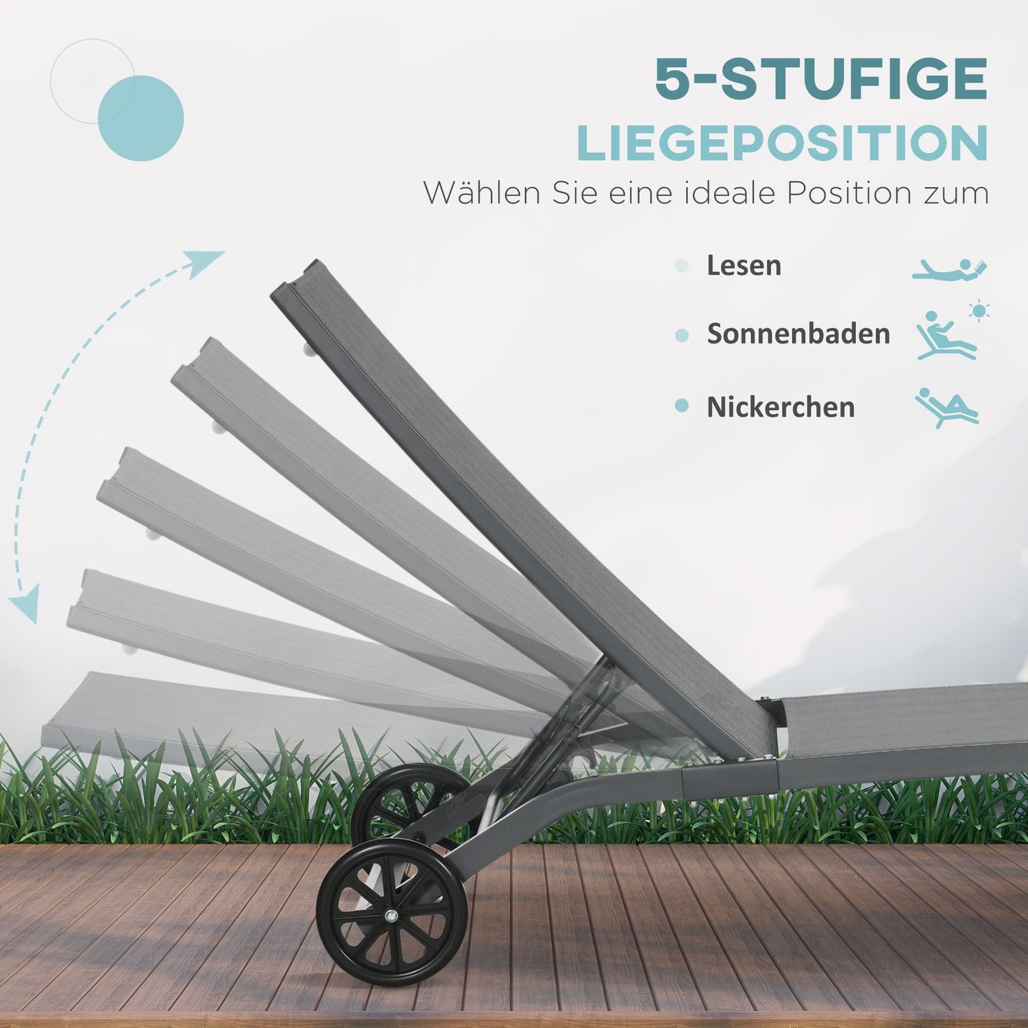 Justerbar solstol med hjul – blå, aluminium, 195 cm