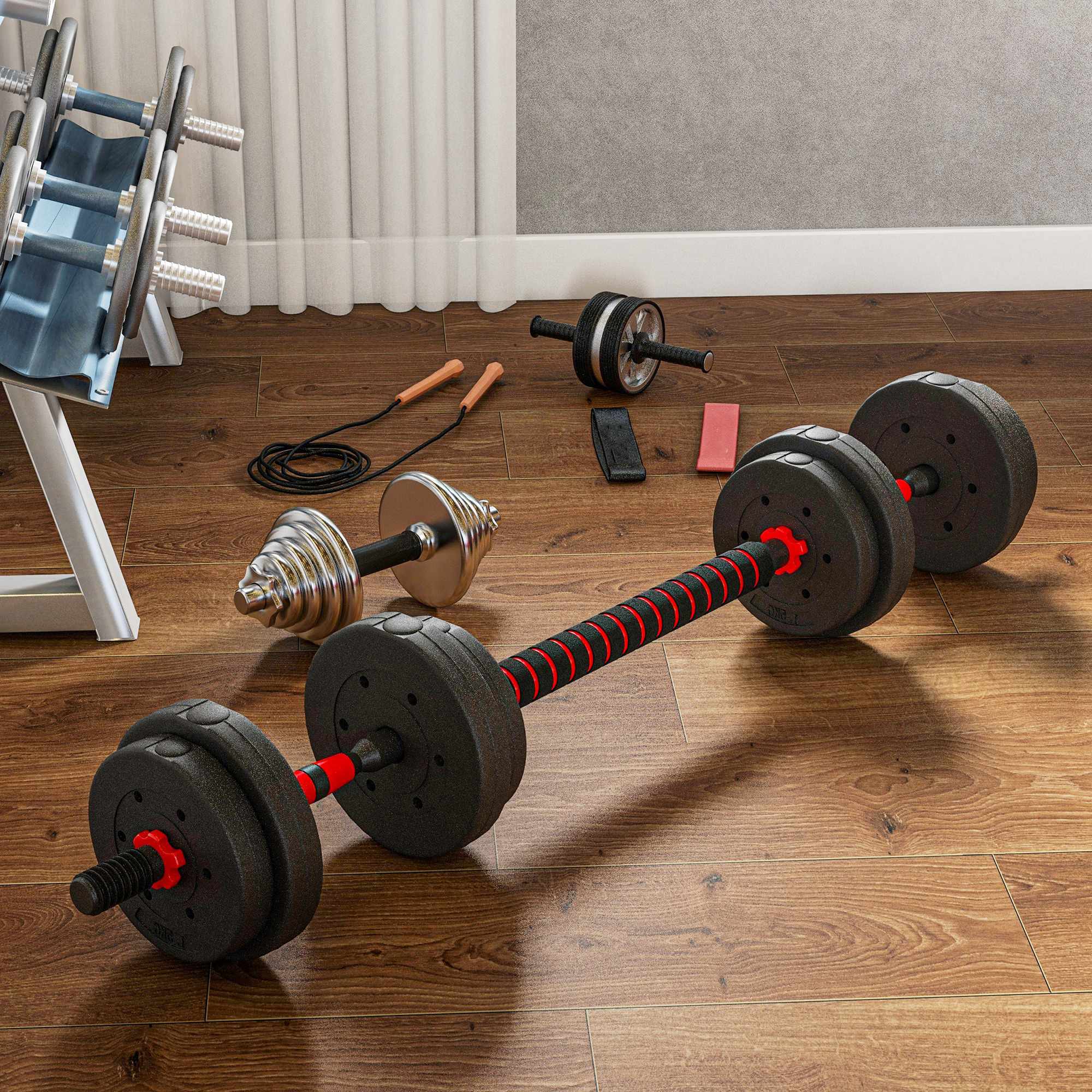 Justerbart 15 kg hantelset, kan omvandlas till skivstång, svart