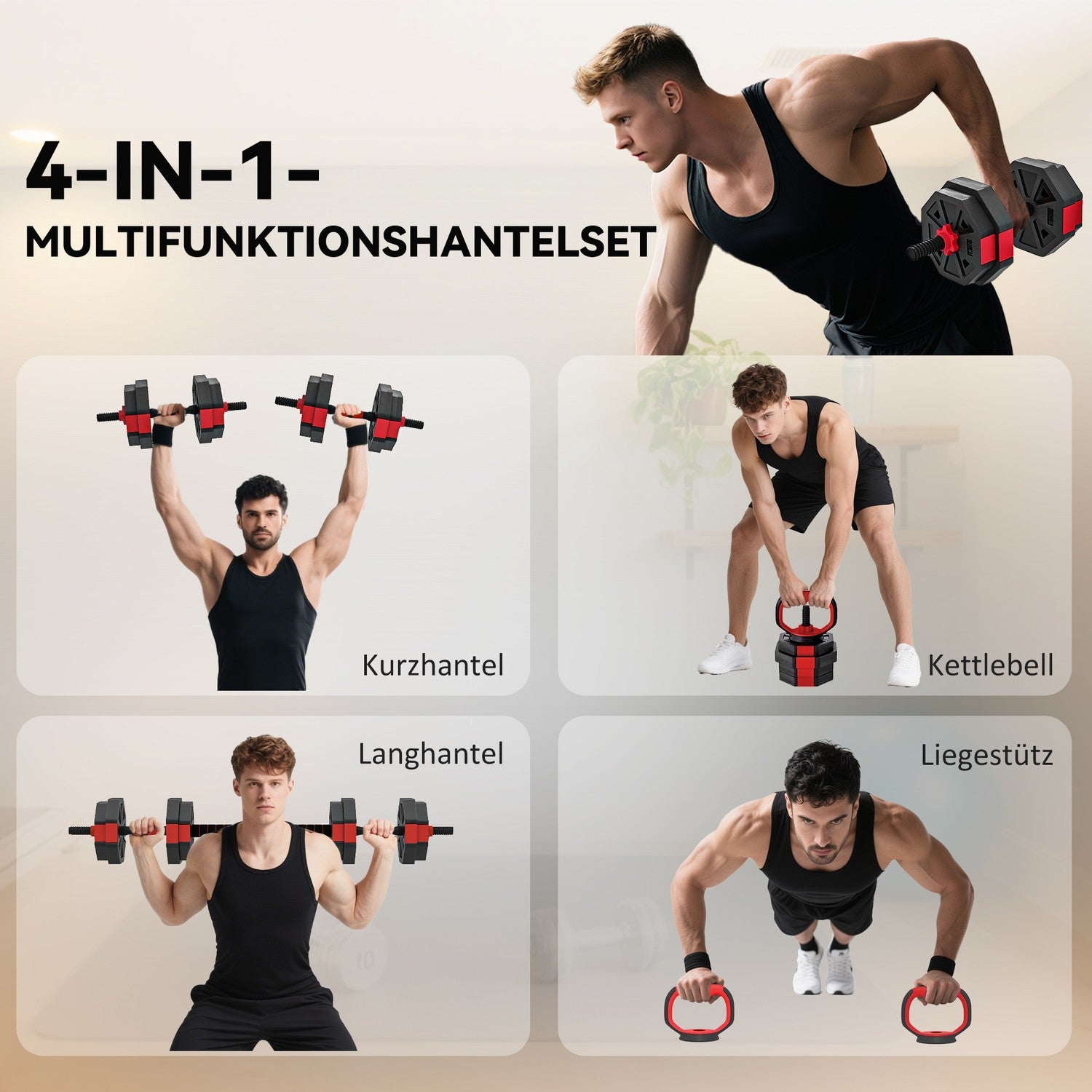 Justerbart 4-i-1-hantelset, 15 kg för hemmaträning