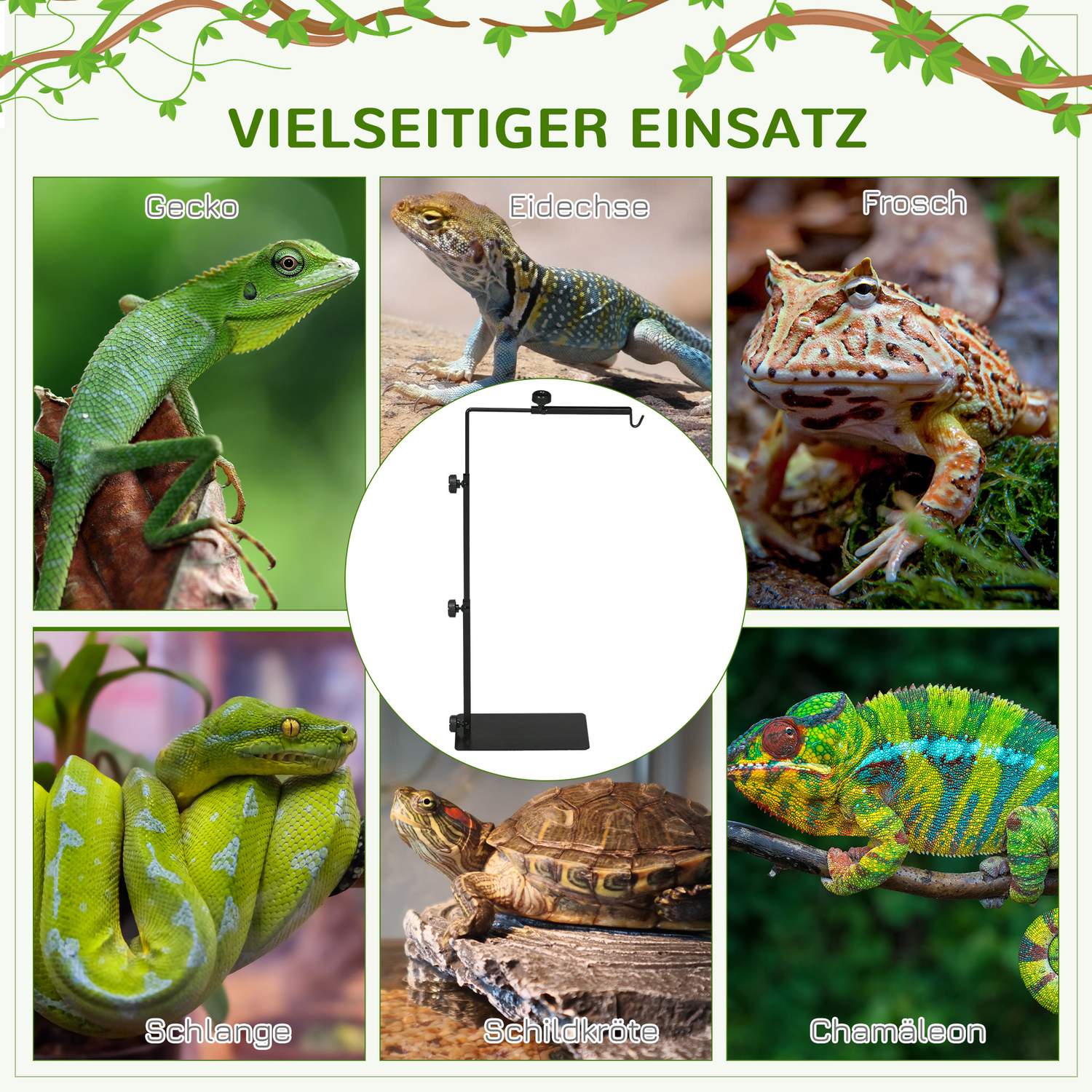 Justerbart reptilvärmelampsstativ, svart stål, 4 trådhål