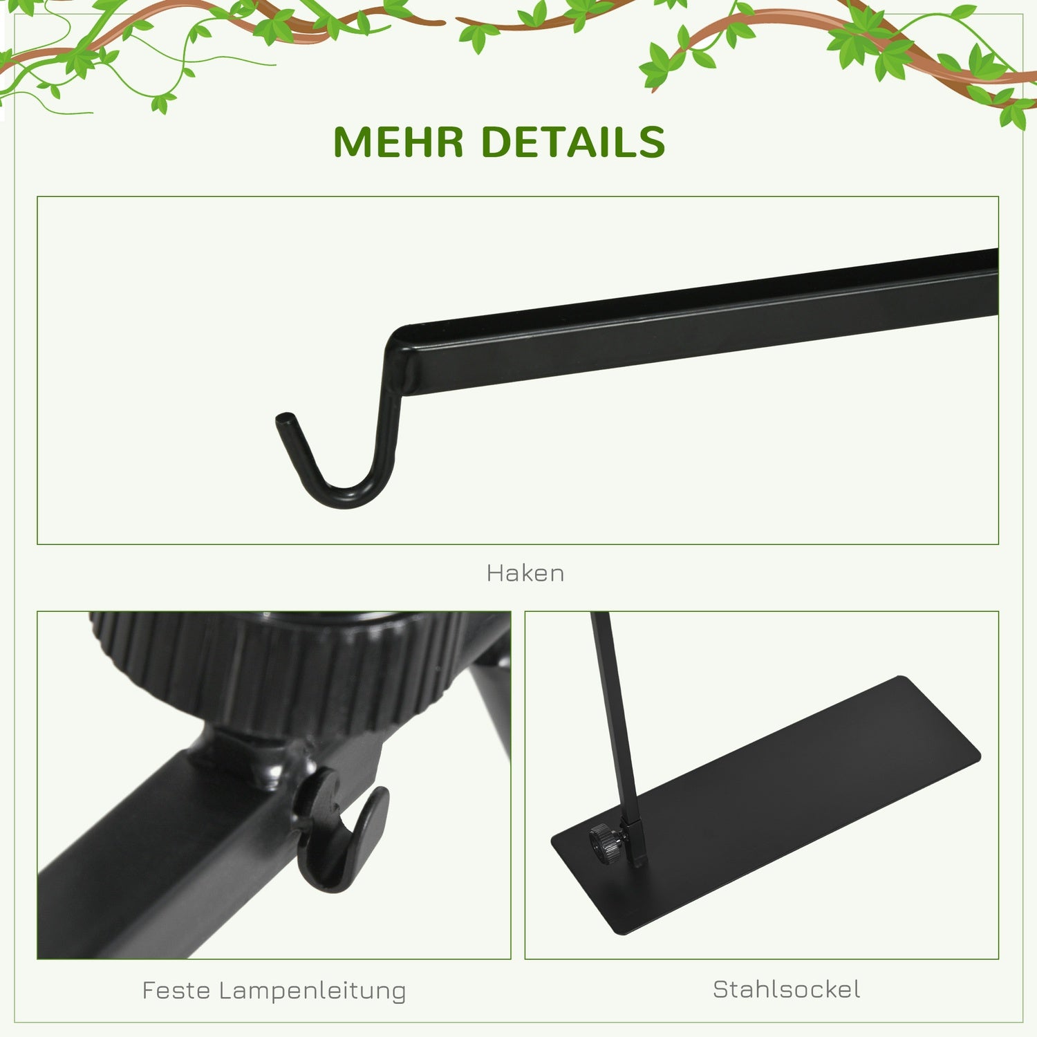 Justerbart reptilvärmelampsstativ, svart stål, 4 trådhål