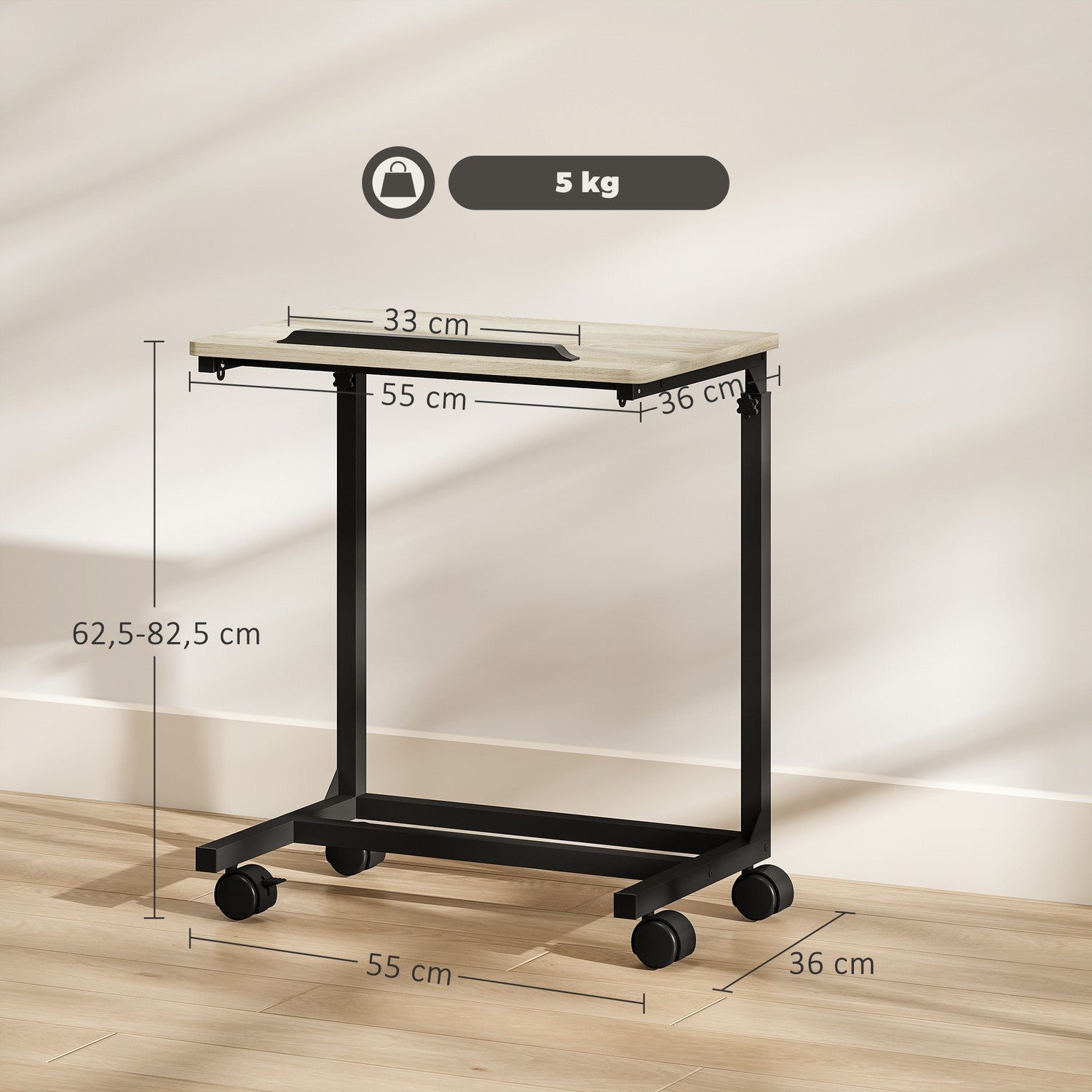 Justerbart sidobord med hjul, metallram, tippbart