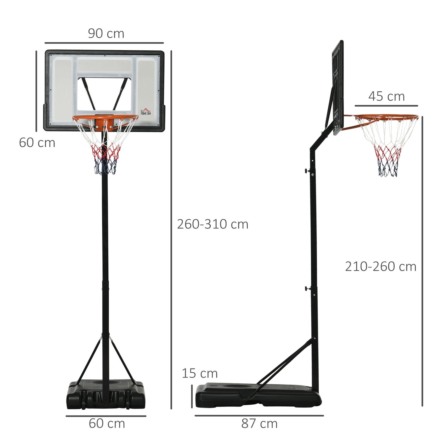 Justerbart stativ för basketbåge, rullbart, höjd 260-310 cm