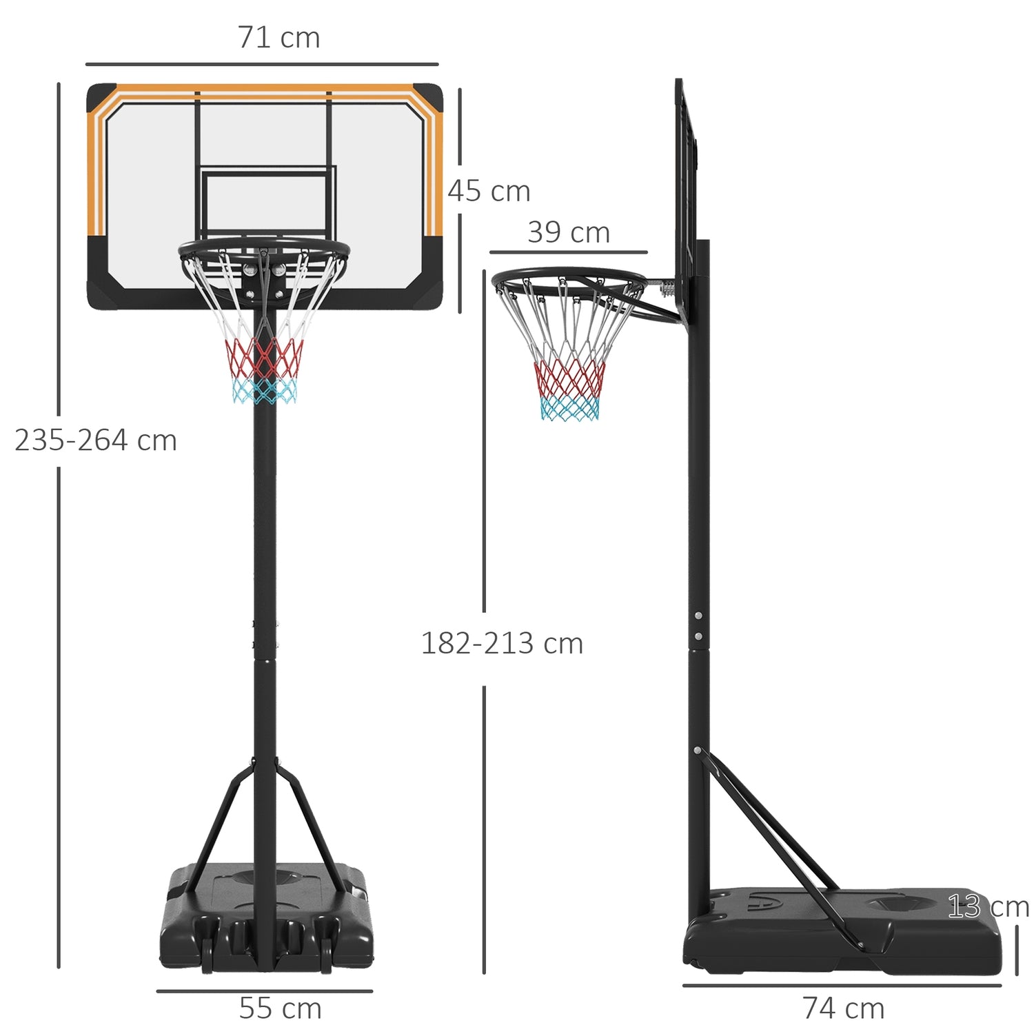 Justerbar utomhusbasketbåge med hjul – 182-213 cm