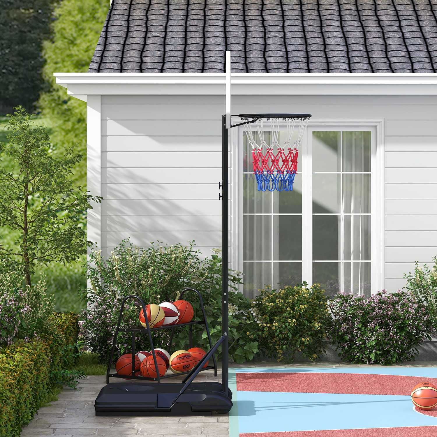 Justerbar utomhusbasketbåge med hjul – stål, flerfärgad