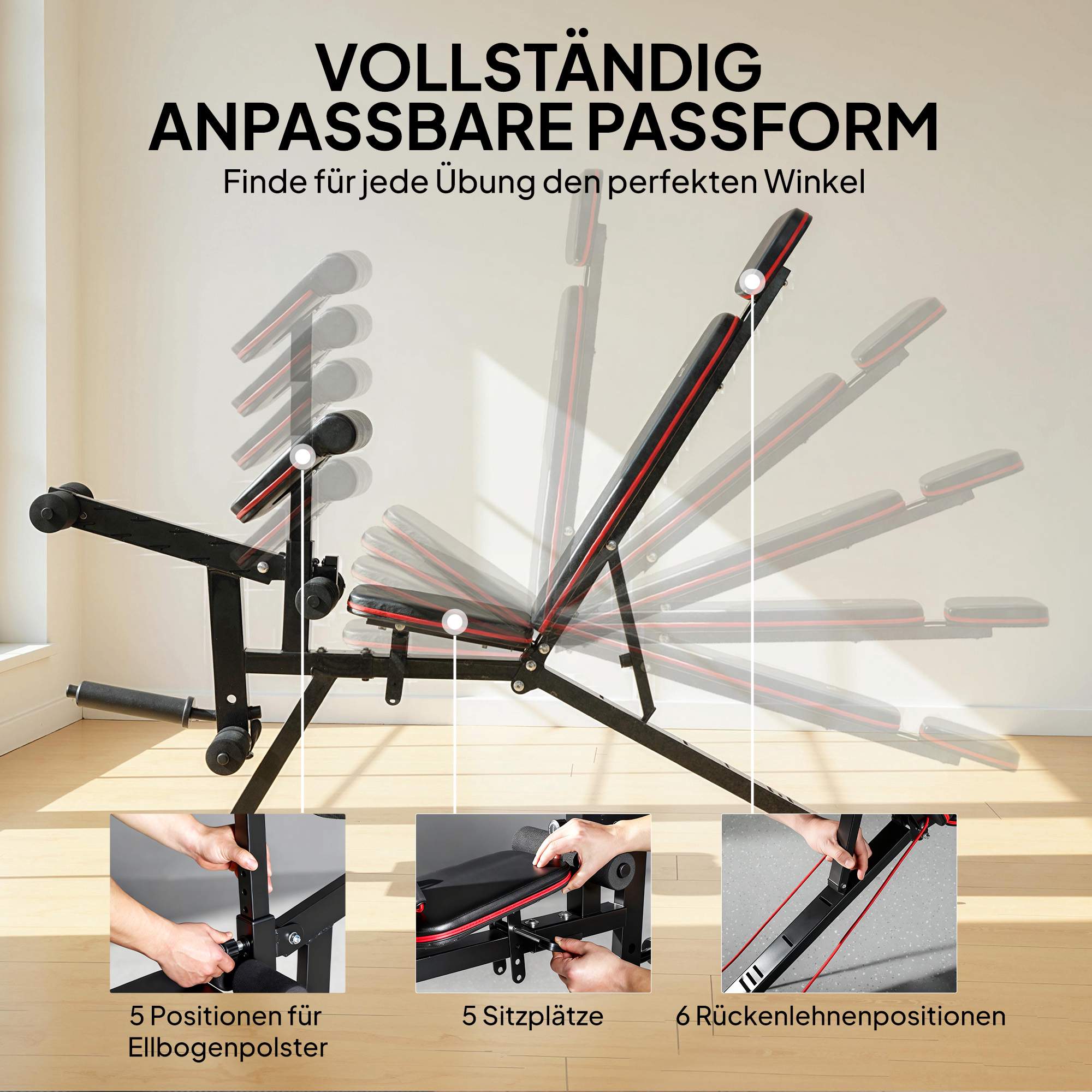 Justerbar viktbänk, 300 kg kapacitet, 3-i-1 med band