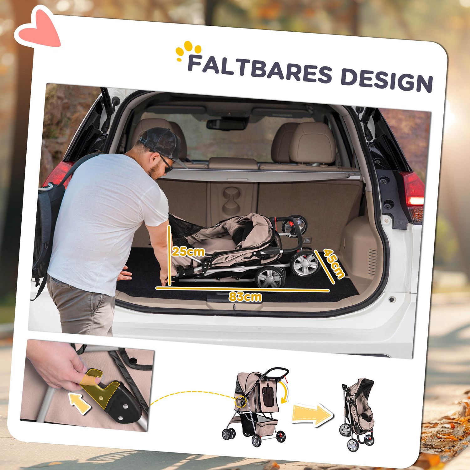 Kaffebrun hundvagn, lätt och hopfällbar