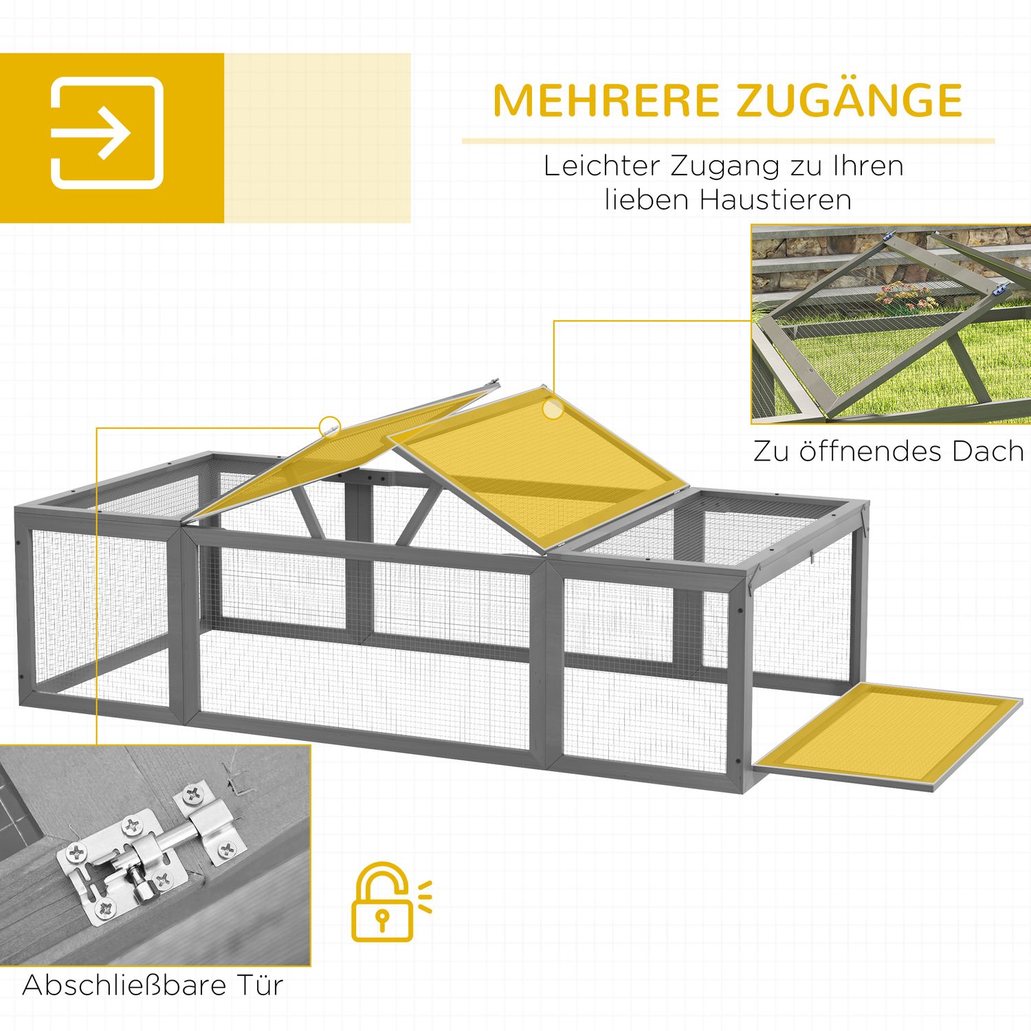 Kaninbur i granträ med vintertätt gångjärnstak