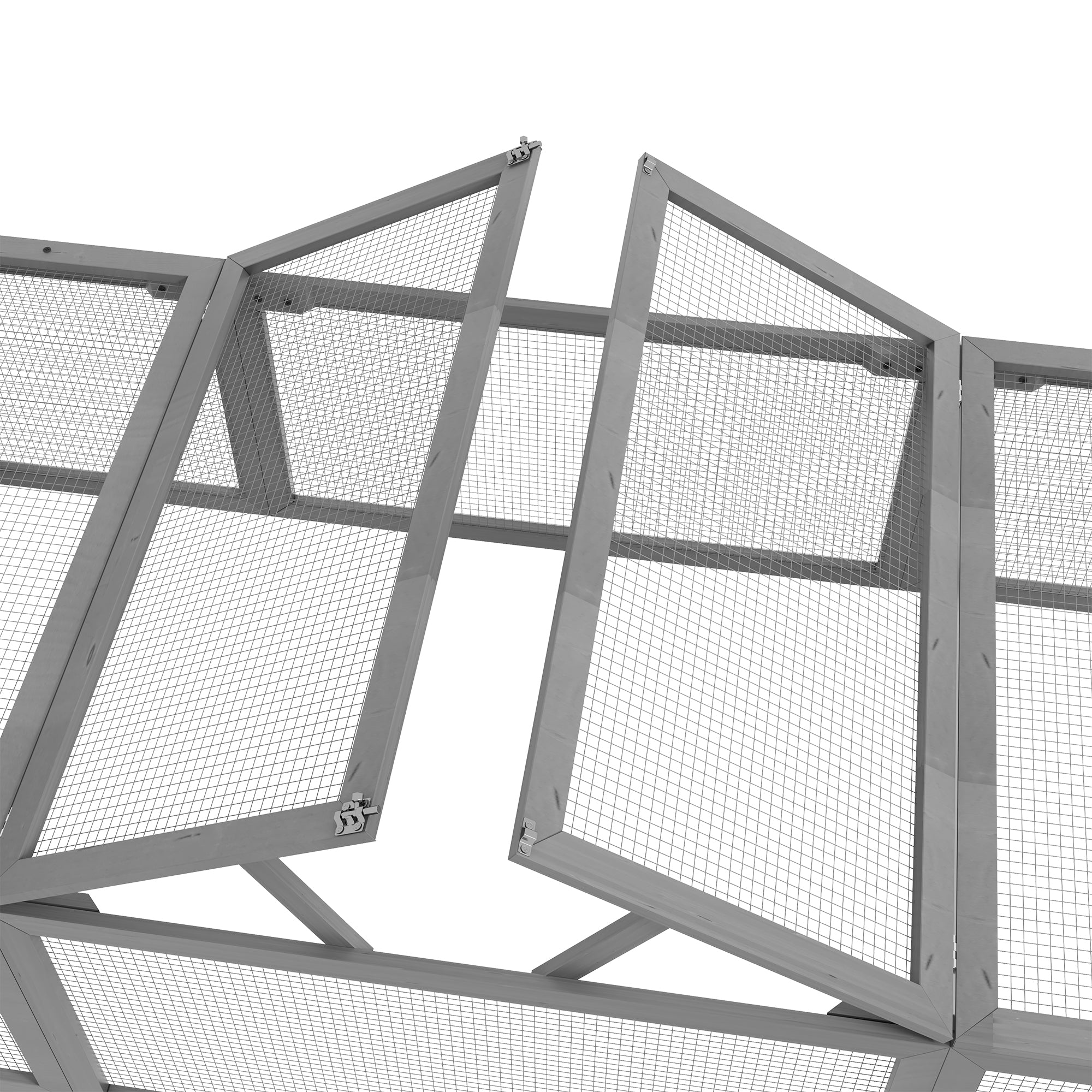 Kaninbur i granträ med vintertätt gångjärnstak