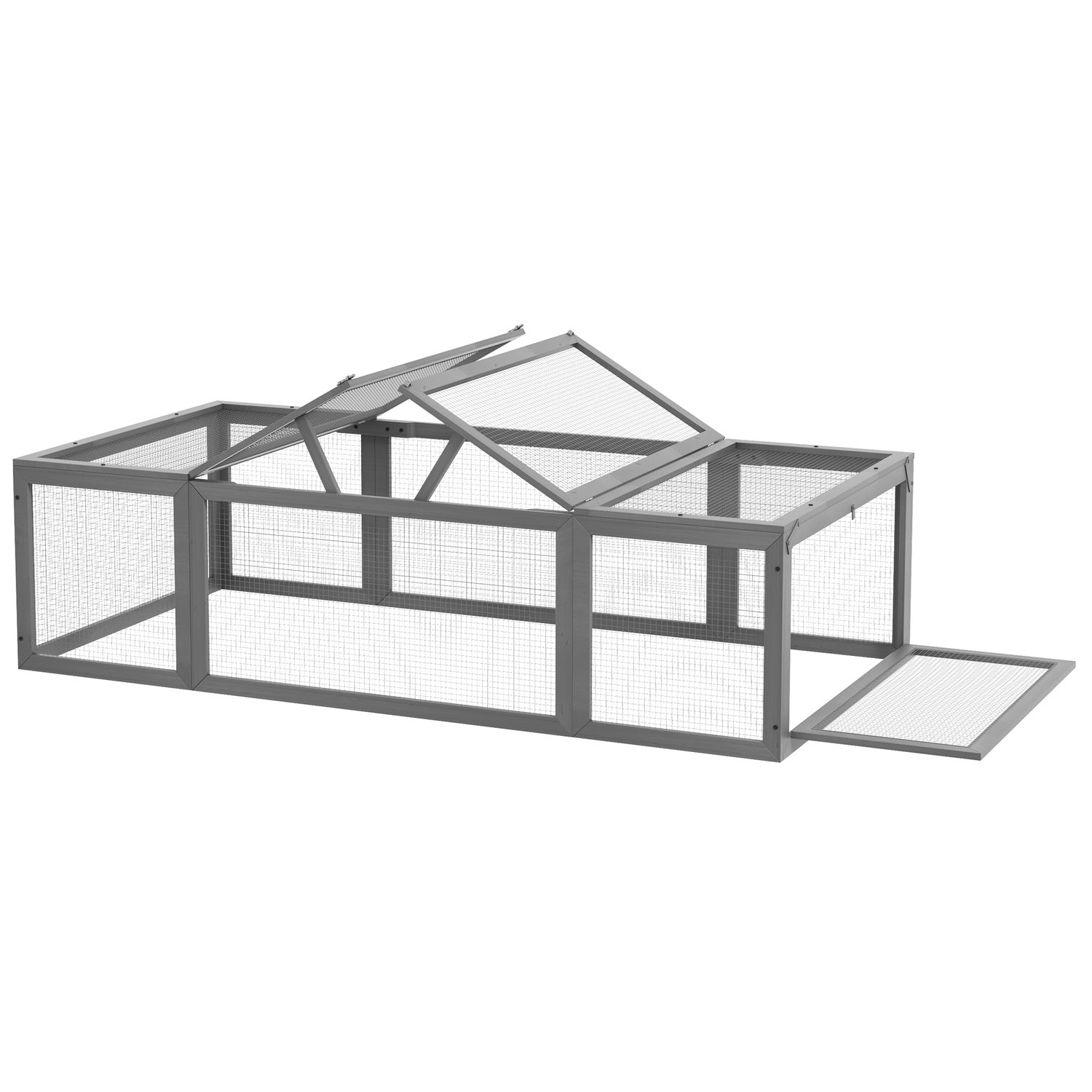 Kaninbur i granträ med vintertätt gångjärnstak