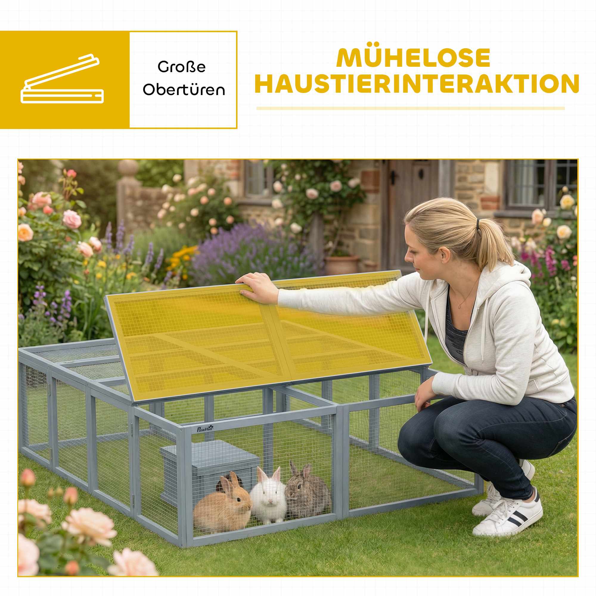Kaninbur med stor gård, modulär design, grått trä