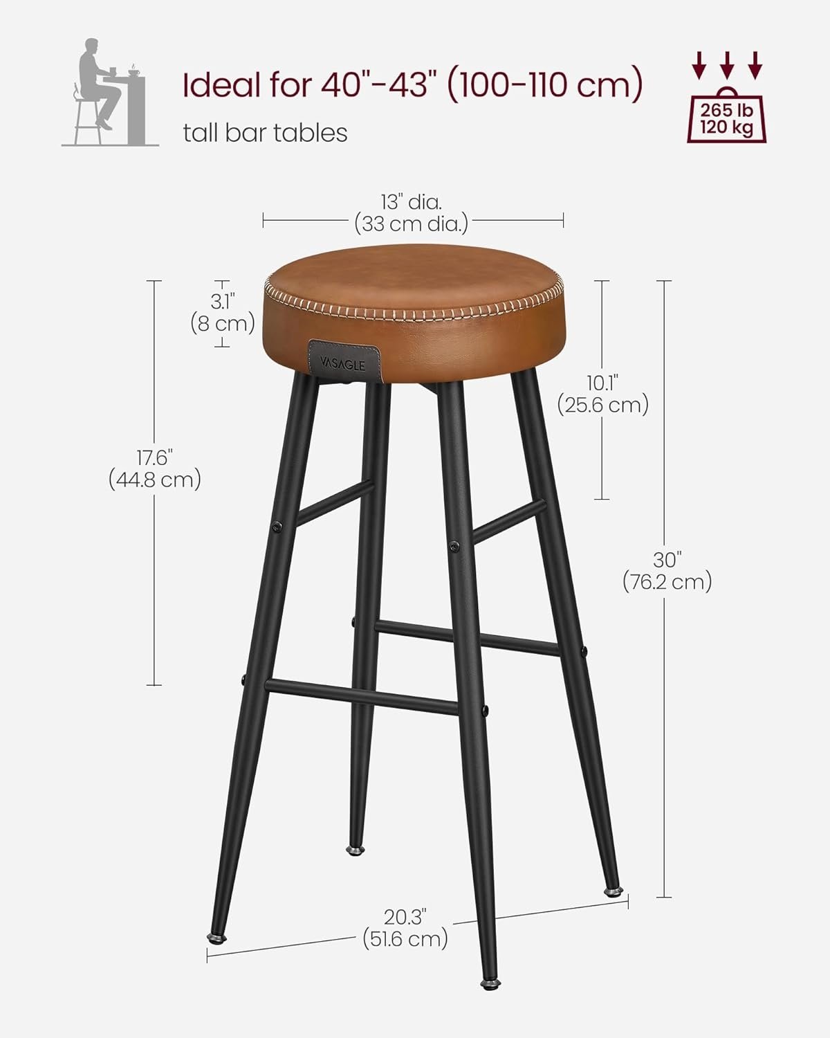 Karamellbrun barstolar i konstläder, set om 2, 30”H