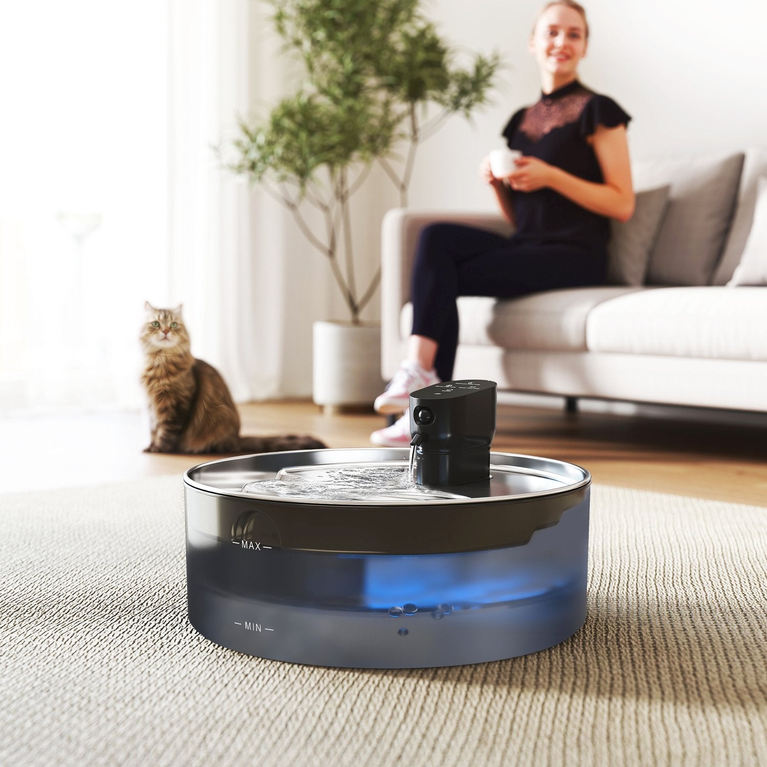 Kattfontän 7L dricksfontän för katter med tyst pump LED aktivt kolfilter rostfritt stål 30,6 x 30,6 x 17,2 cm