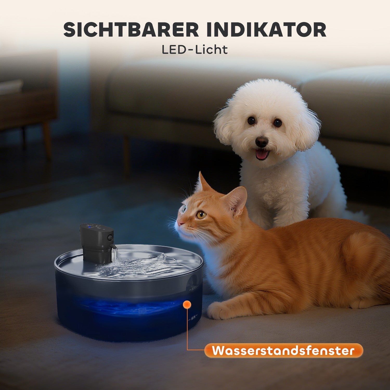 Kattfontän 7L dricksfontän för katter med tyst pump LED aktivt kolfilter rostfritt stål 30,6 x 30,6 x 17,2 cm