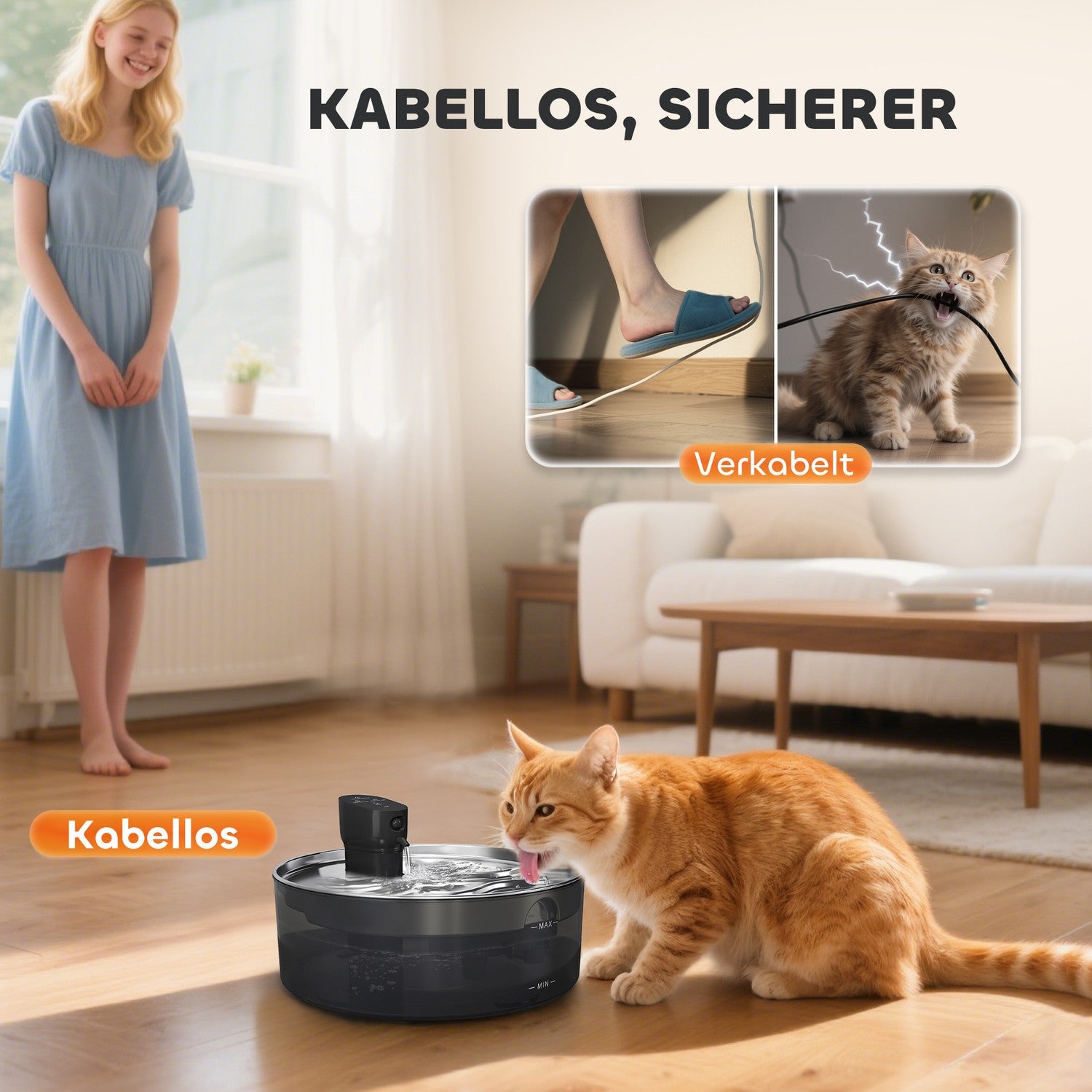 Kattfontän 7L dricksfontän för katter med tyst pump LED aktivt kolfilter rostfritt stål 30,6 x 30,6 x 17,2 cm