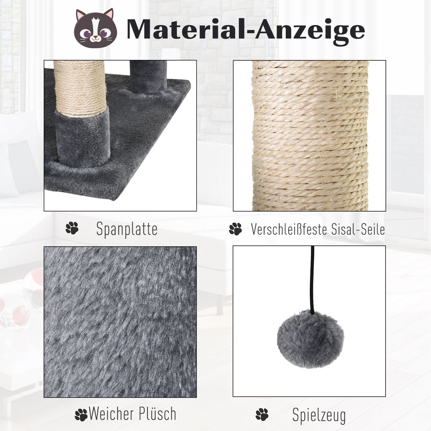 Kattklätterträd med grotta, sisalstolpar, 60x50x145 cm