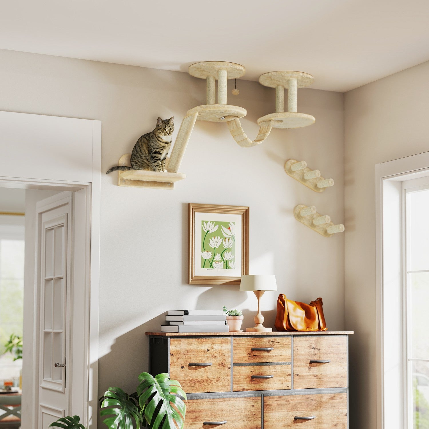 Cat klätterväggset med skrapstolpe, sisal, beige