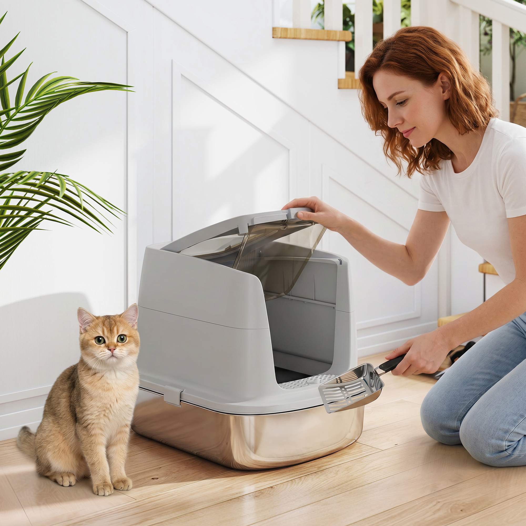 Kattlåda i rostfritt stål, inkl. skopa