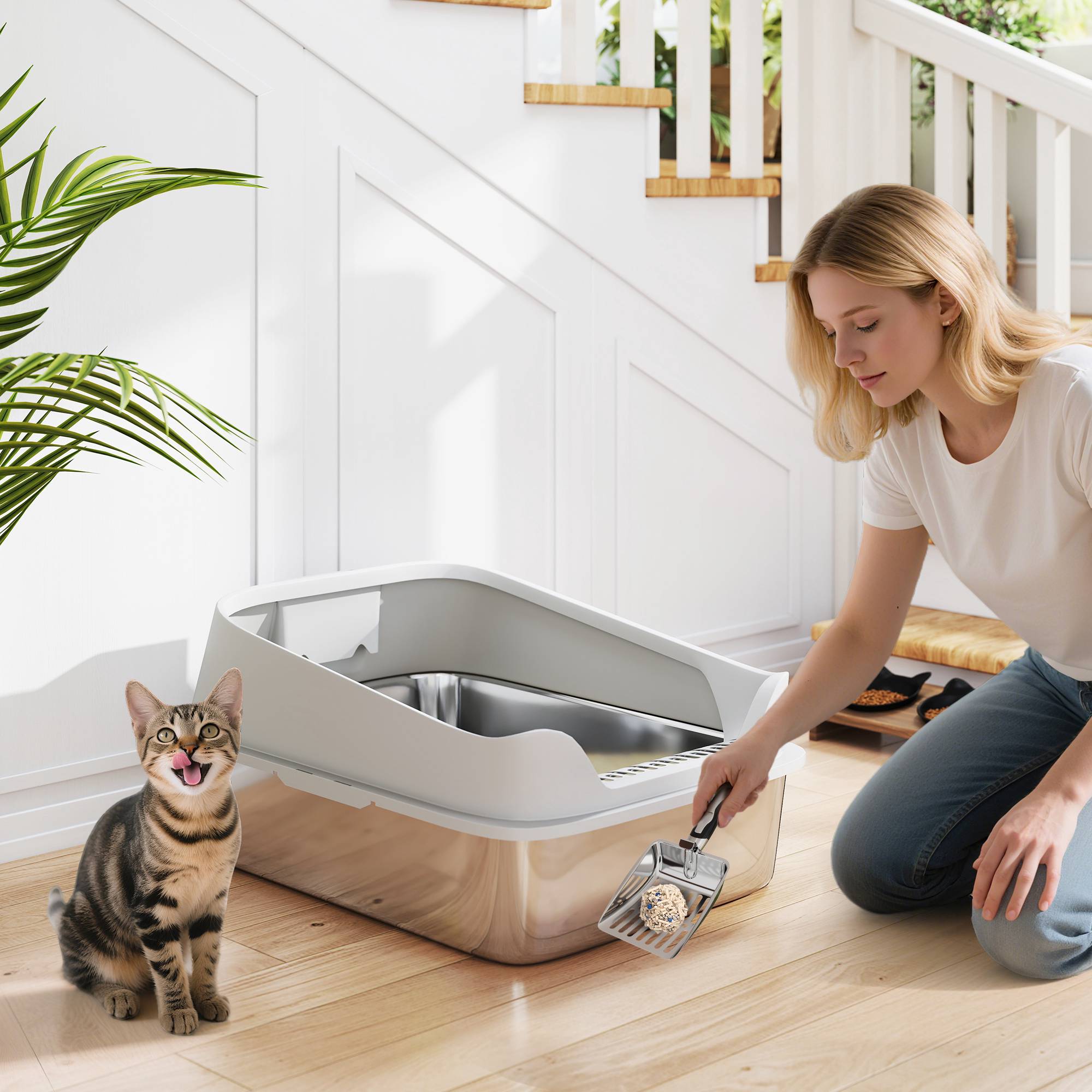 Kattlåda i rostfritt stål med skopa, höga sidor, XXL