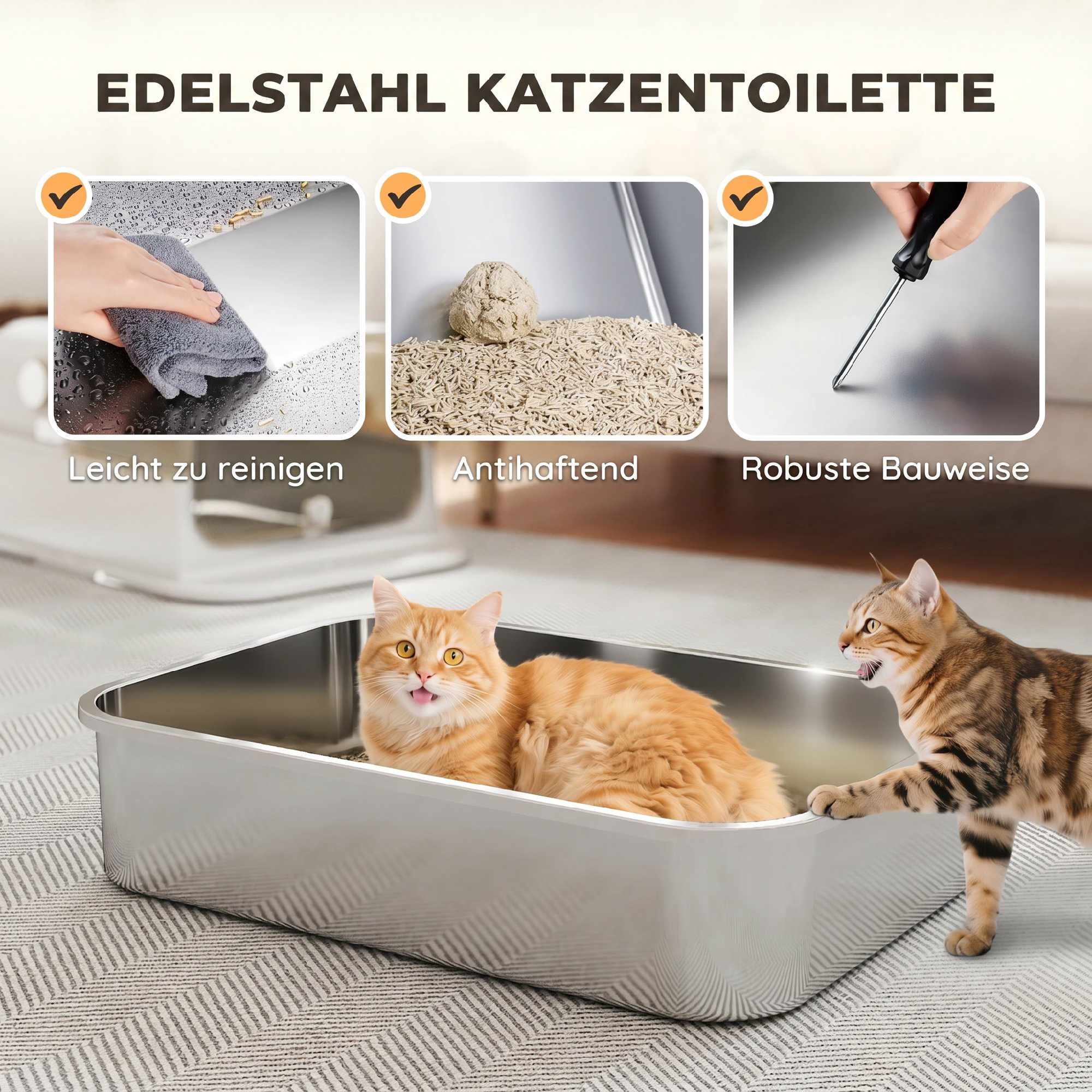 Kattlåda med lock i rostfritt stål, 72L XXL, dubbel ingång