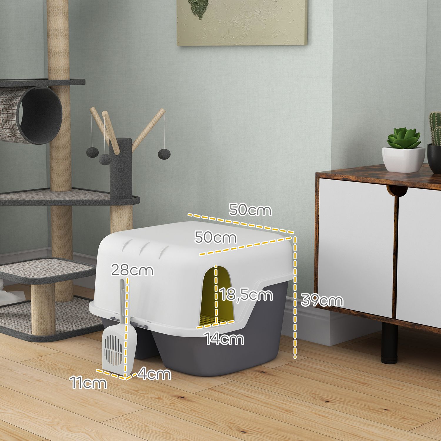 Kattlåda med lock & sil, inomhus, plast, kräm