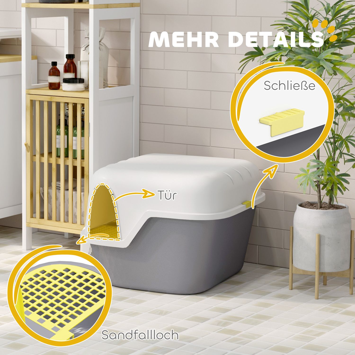 Kattlåda med lock & sil, inomhus, plast, kräm