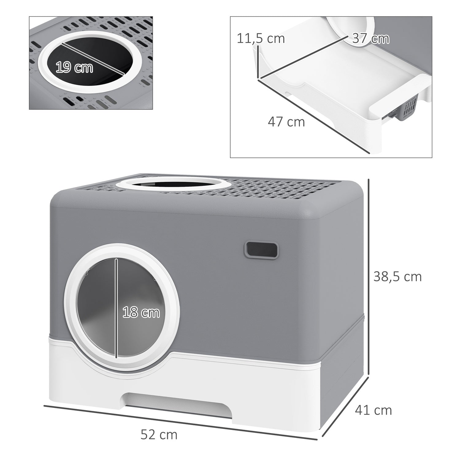 Kattlåda med lock & skopa, dubbla utgångar, grå 52x41x38,5 cm