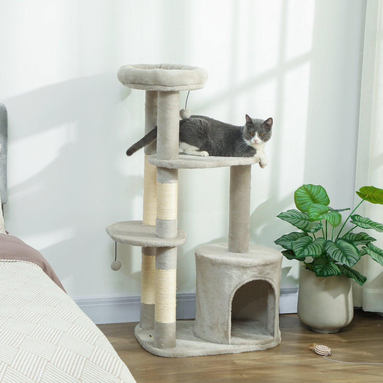 Kattorn 114 cm, Sisalstolpar, Flera nivåer, Ljusgrå