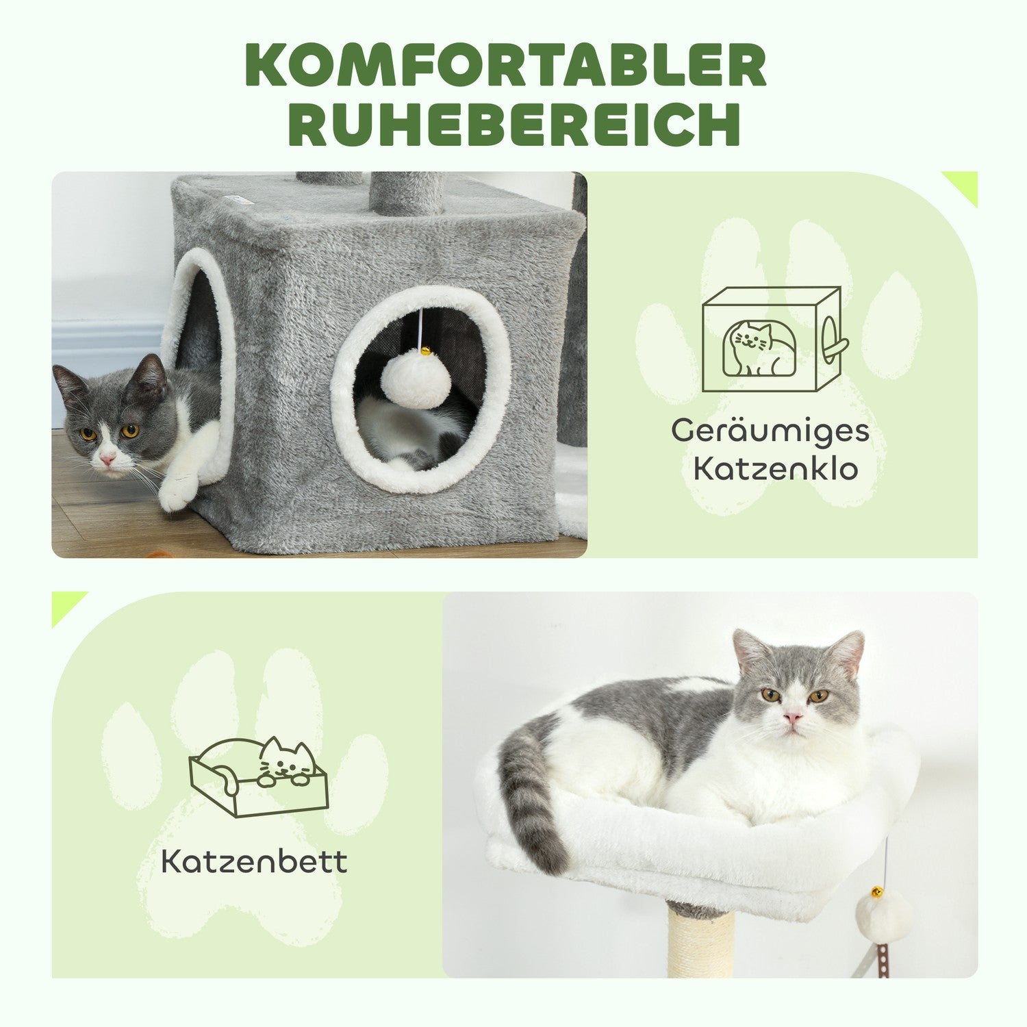Kattorn med grotta, sisalstolpar, plyschbollar, 107 cm, grå
