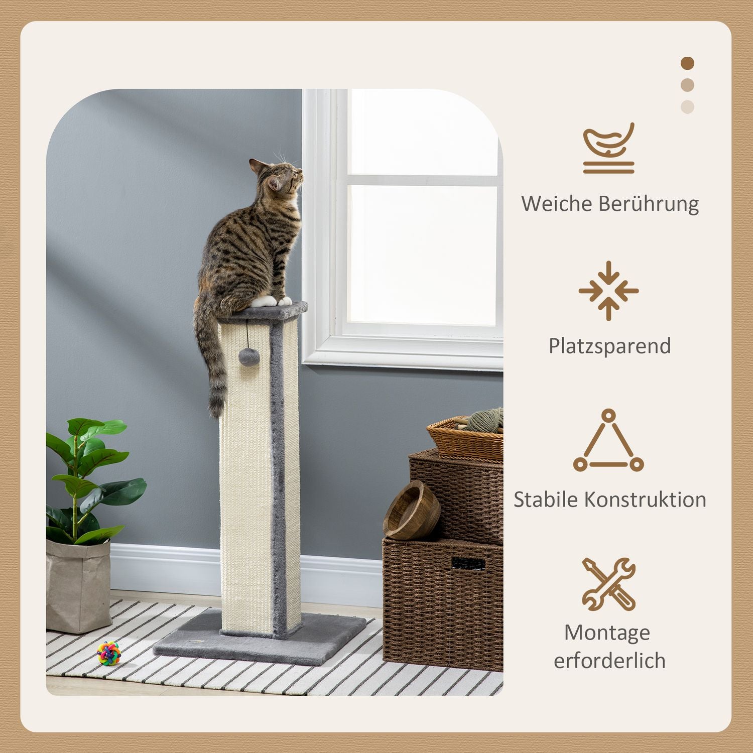 Kattskrapstolpe, 81 cm sisal, grå och kräm med lekboll