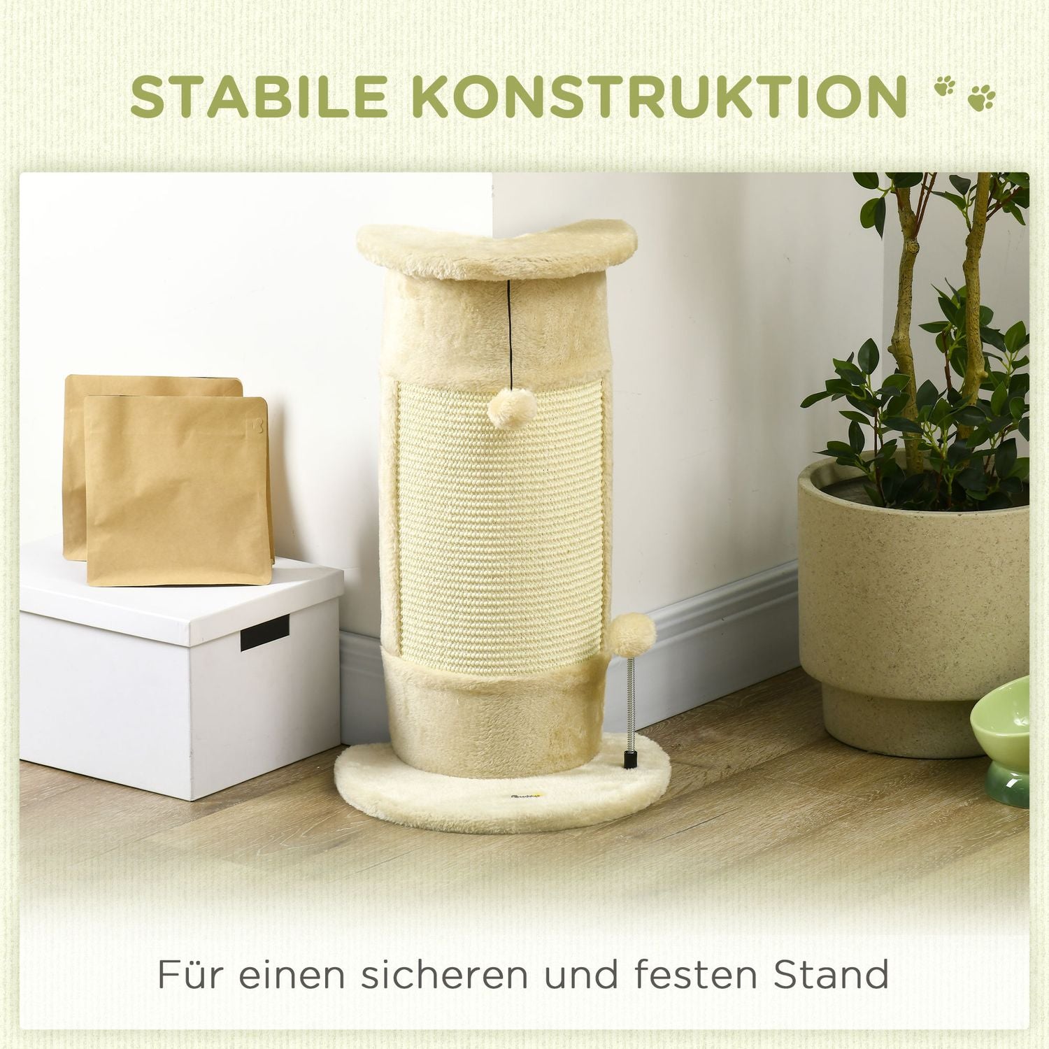 Kattskrapstolpe med boll – 58 cm sisal, gräddvit