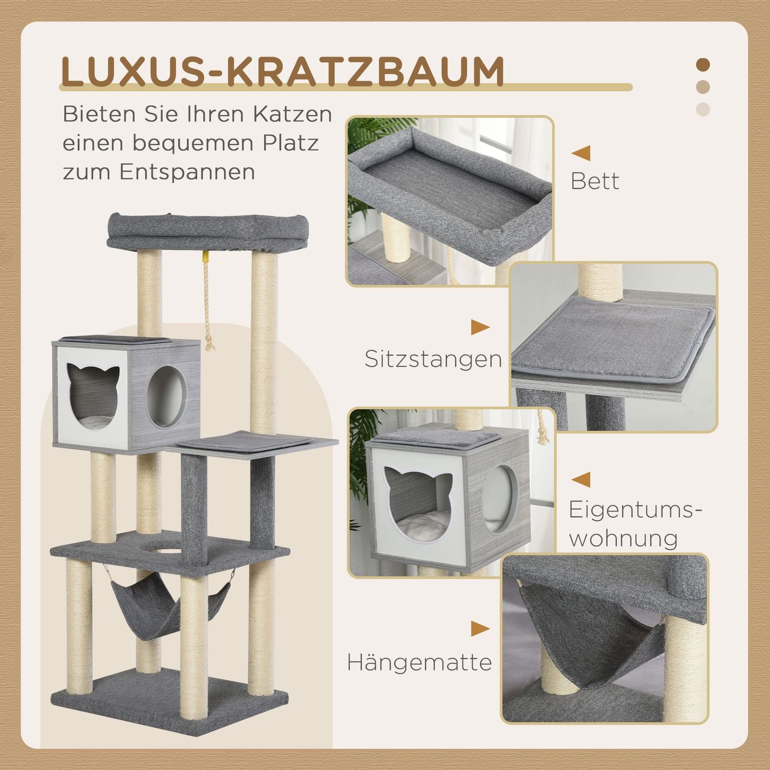 Kattskrapstolpe med hängmatta – Aktivitetsträd på flera nivåer