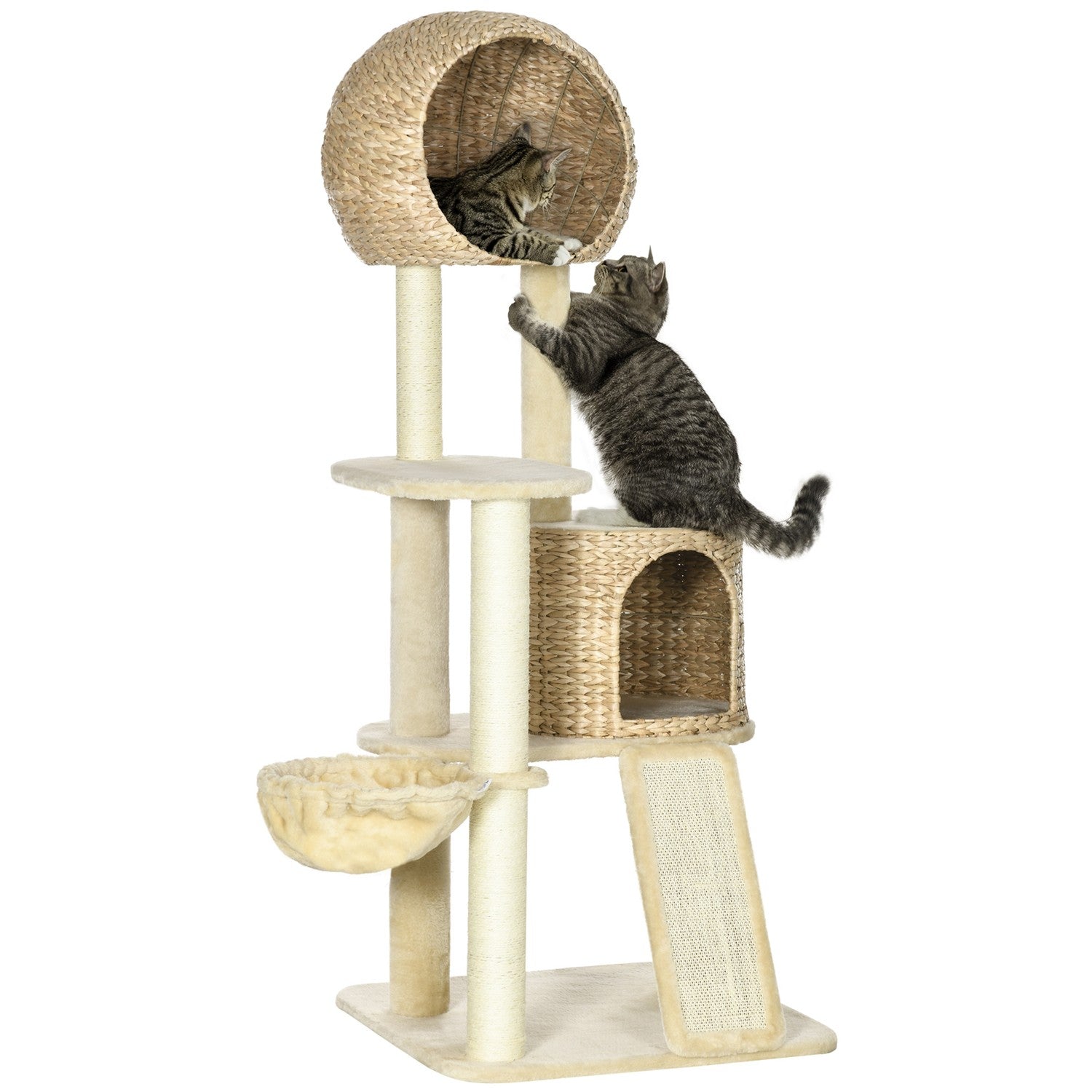 Kattskrapstolpe med rottinghus och hängmatta, beige