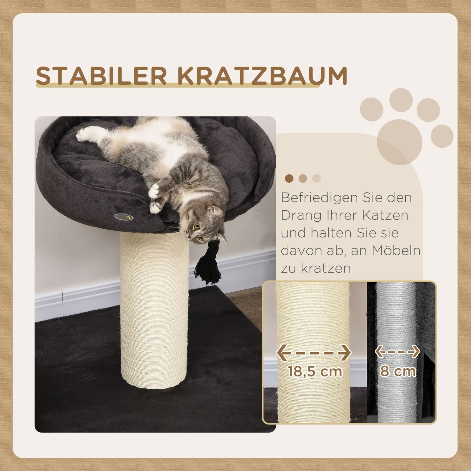 Kattskrapstolpe med säng och sisal, 78 cm, grå