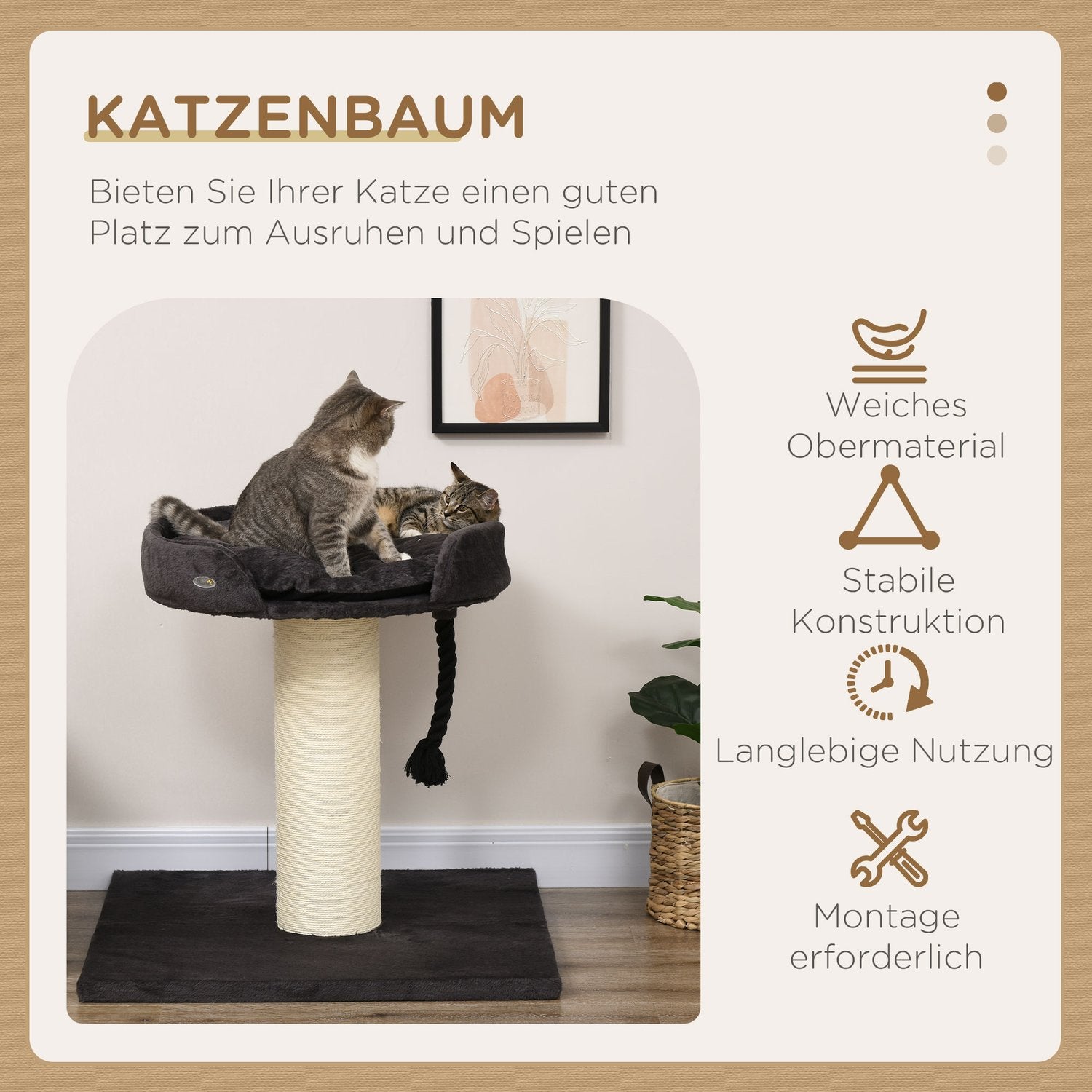 Kattskrapstolpe med säng och sisal, 78 cm, grå