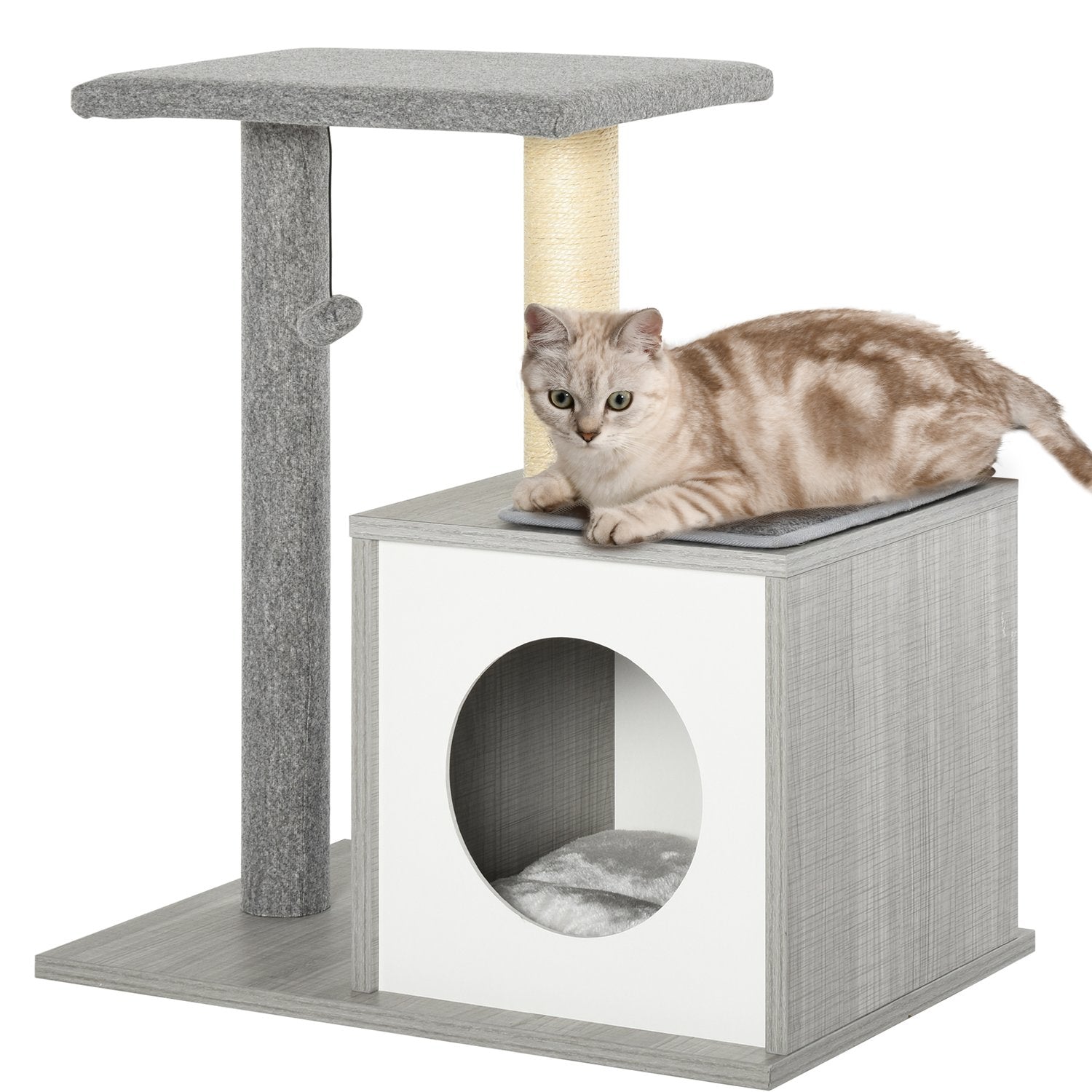 Kattskrapträd med grotta, mjuk plyschkudde, grått och vitt