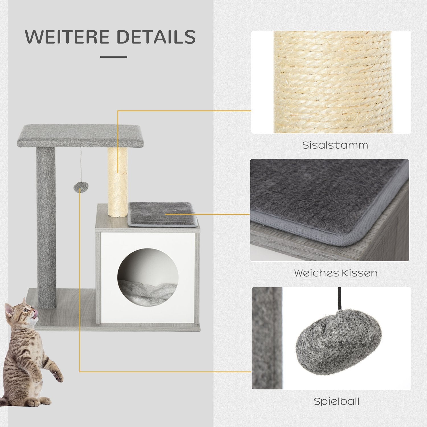 Kattskrapträd med grotta, mjuk plyschkudde, grått och vitt