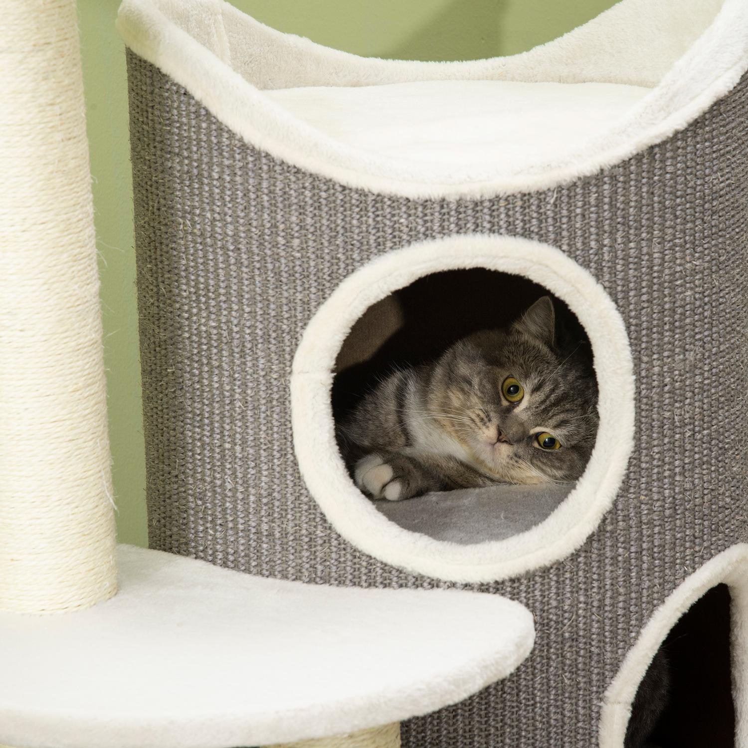 Kattträd 109cm med skrapfat & säng, grå/vit