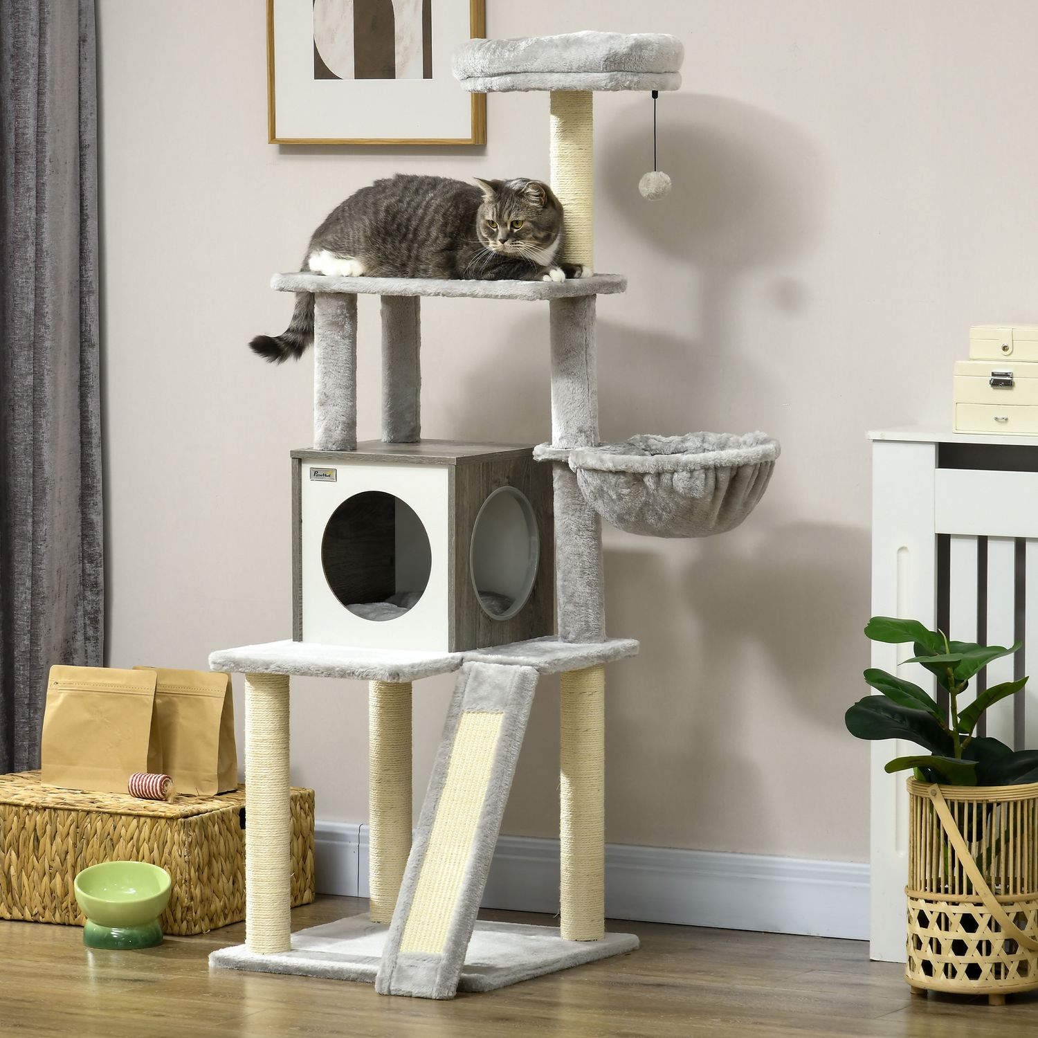 Kattträd 141,5 cm med grotta, lekboll, säng och sisal