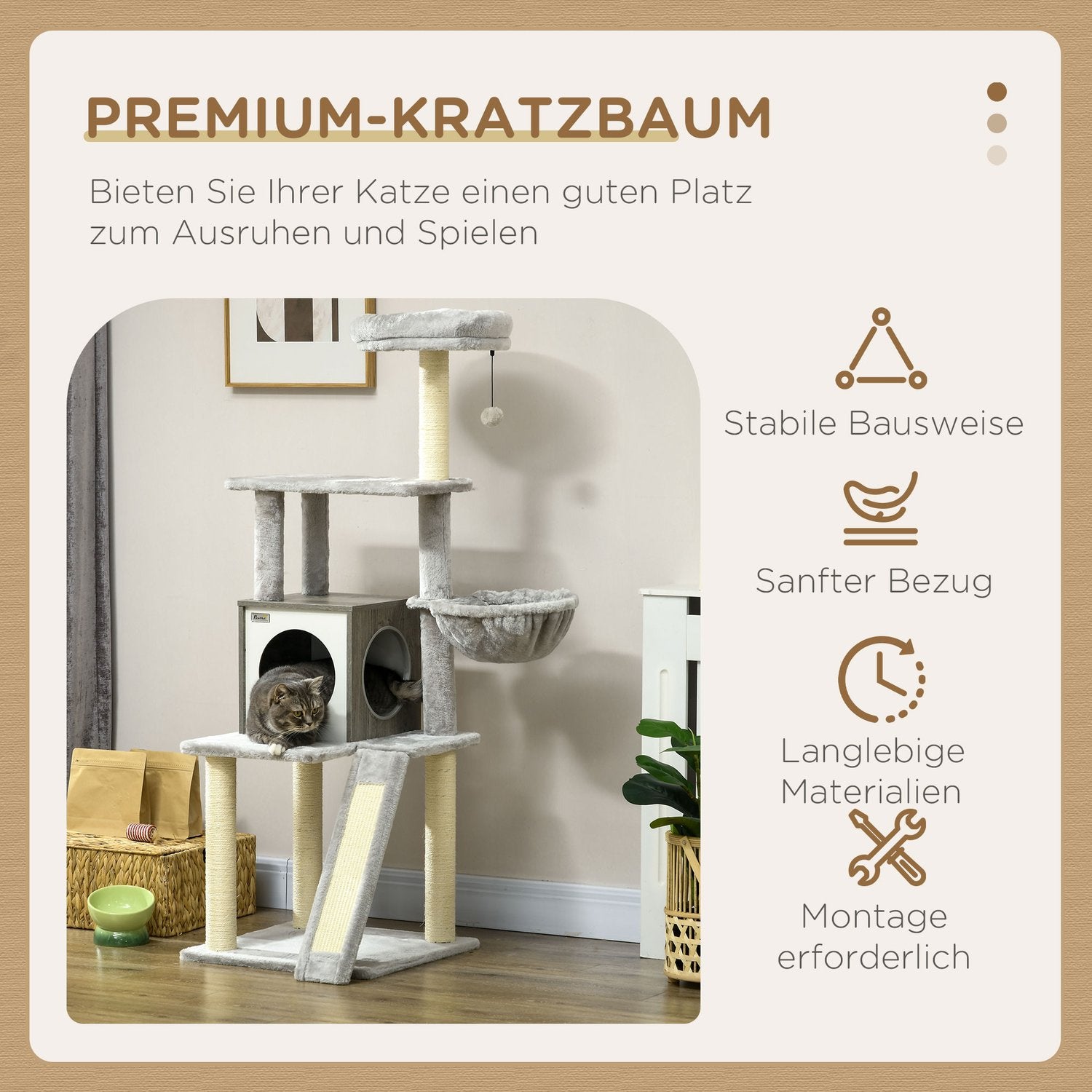 Kattträd 141,5 cm med grotta, lekboll, säng och sisal