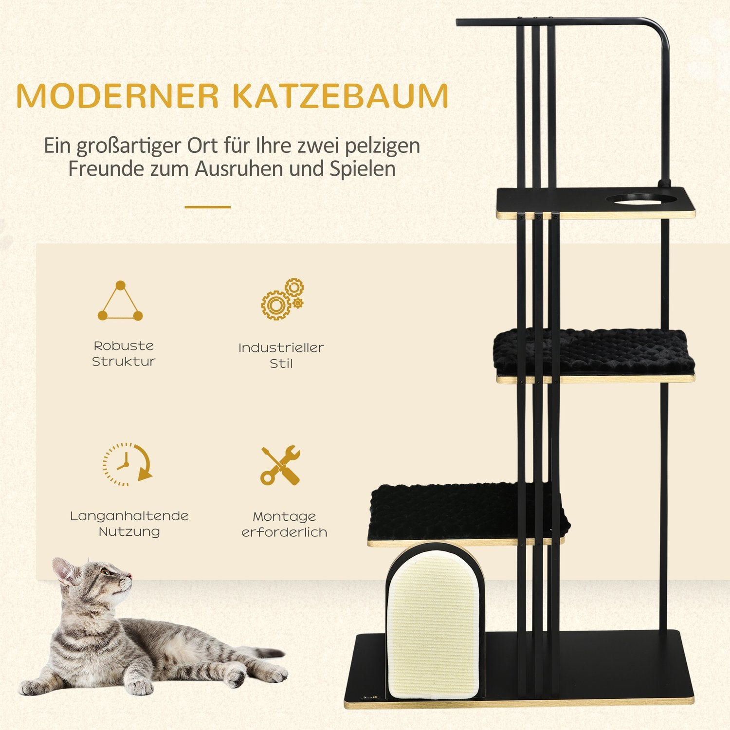 Kattträd 170cm, stort svart stål med kuddar & plattformar