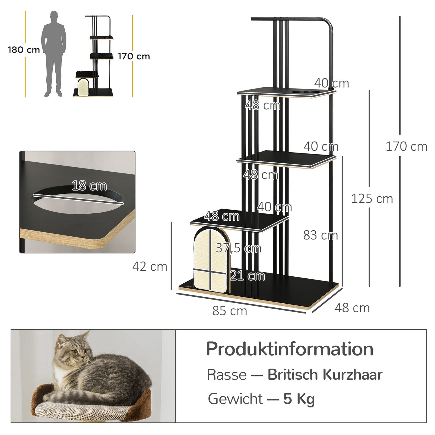 Kattträd 170cm, stort svart stål med kuddar & plattformar