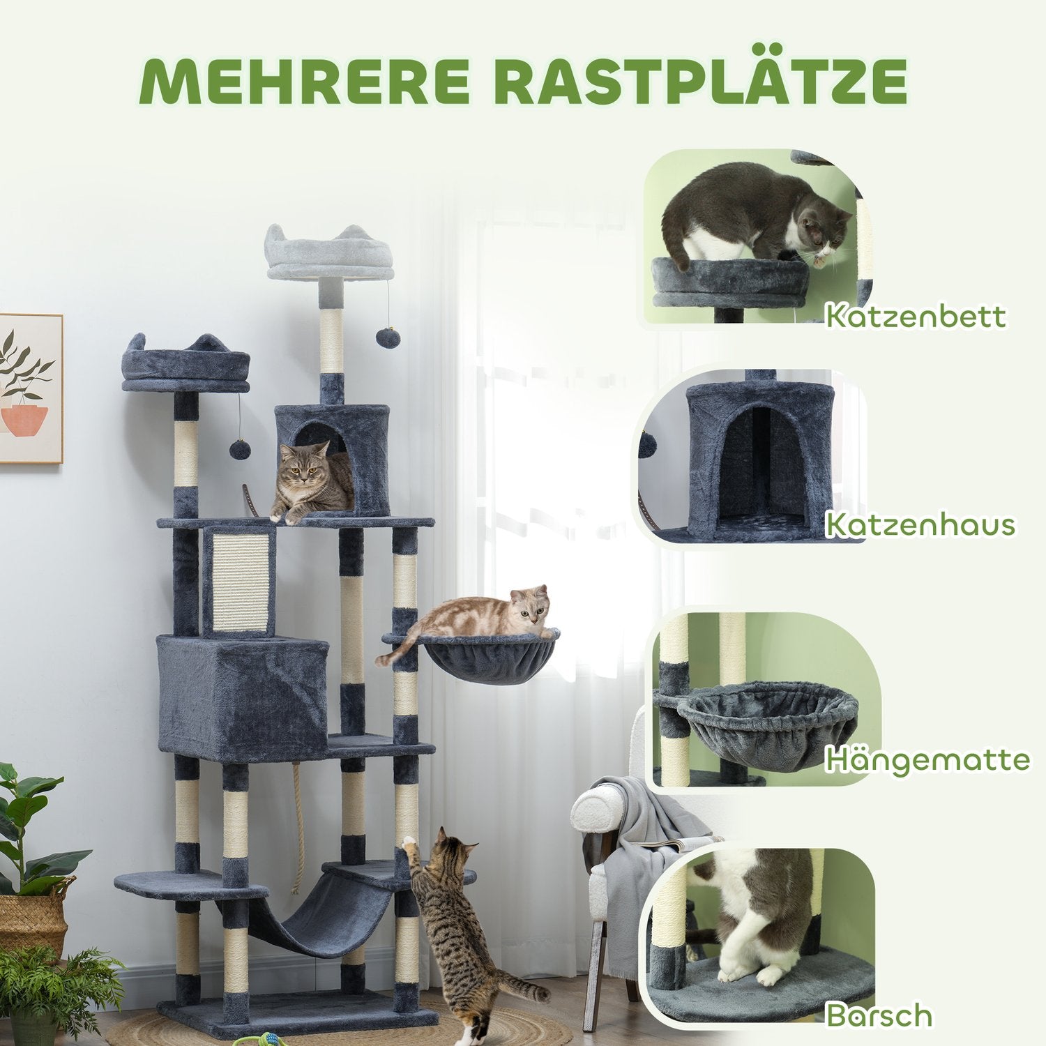 Kattträd 206 cm katttorn med grotta, 2 lekbollar, sisalstolpar, plattform för stora katter, mörkgrå