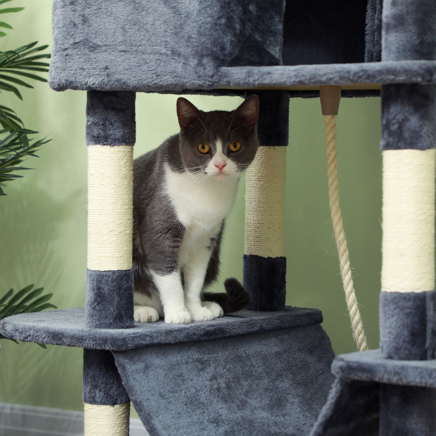Kattträd 206 cm katttorn med grotta, 2 lekbollar, sisalstolpar, plattform för stora katter, mörkgrå
