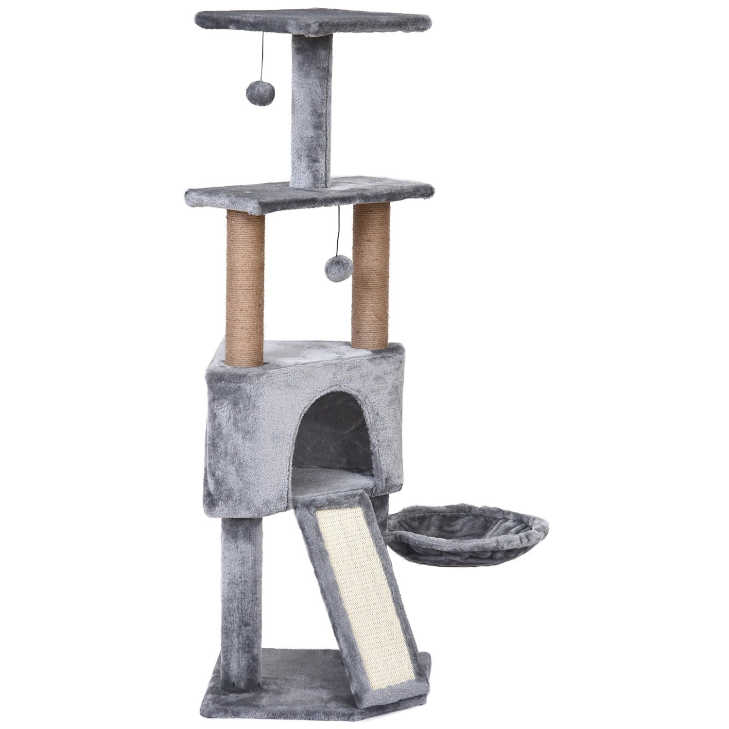 Kattträd, 4-vånings med hängande säng & sisalstolpar, grå